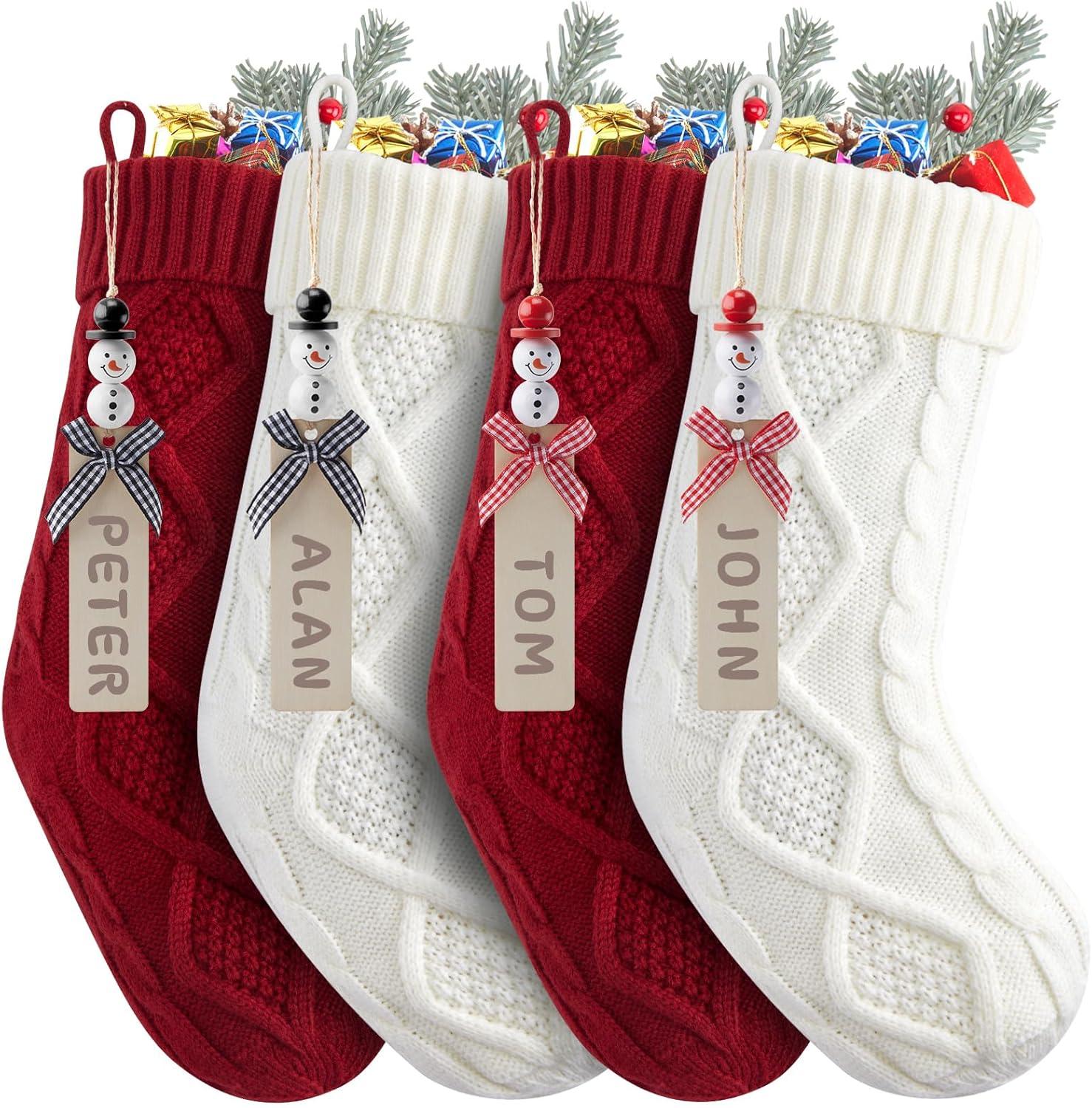 Dalrosia Personalized Christmas Stockings - 18 Inches Hanging Stockings with DIY Snowman Name Tags, 4PCS Large Size Knitted Stockings for Mantels, Christmas Tree Family Holiday Decor