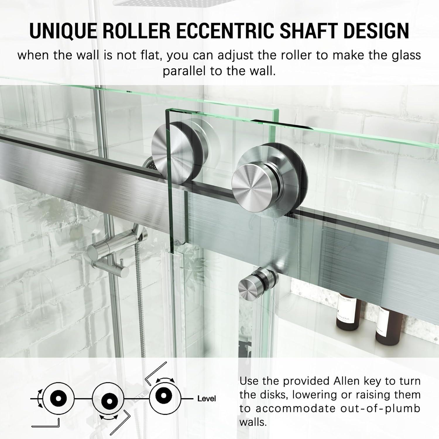 MCOCOD DS01H-7276-BR 72" W x 76" H x 2/5" THK Tempered Glass Double Smooth Sliding Frameless Shower Door with Towel Bar Handle & Knob & Anti-Collision Function