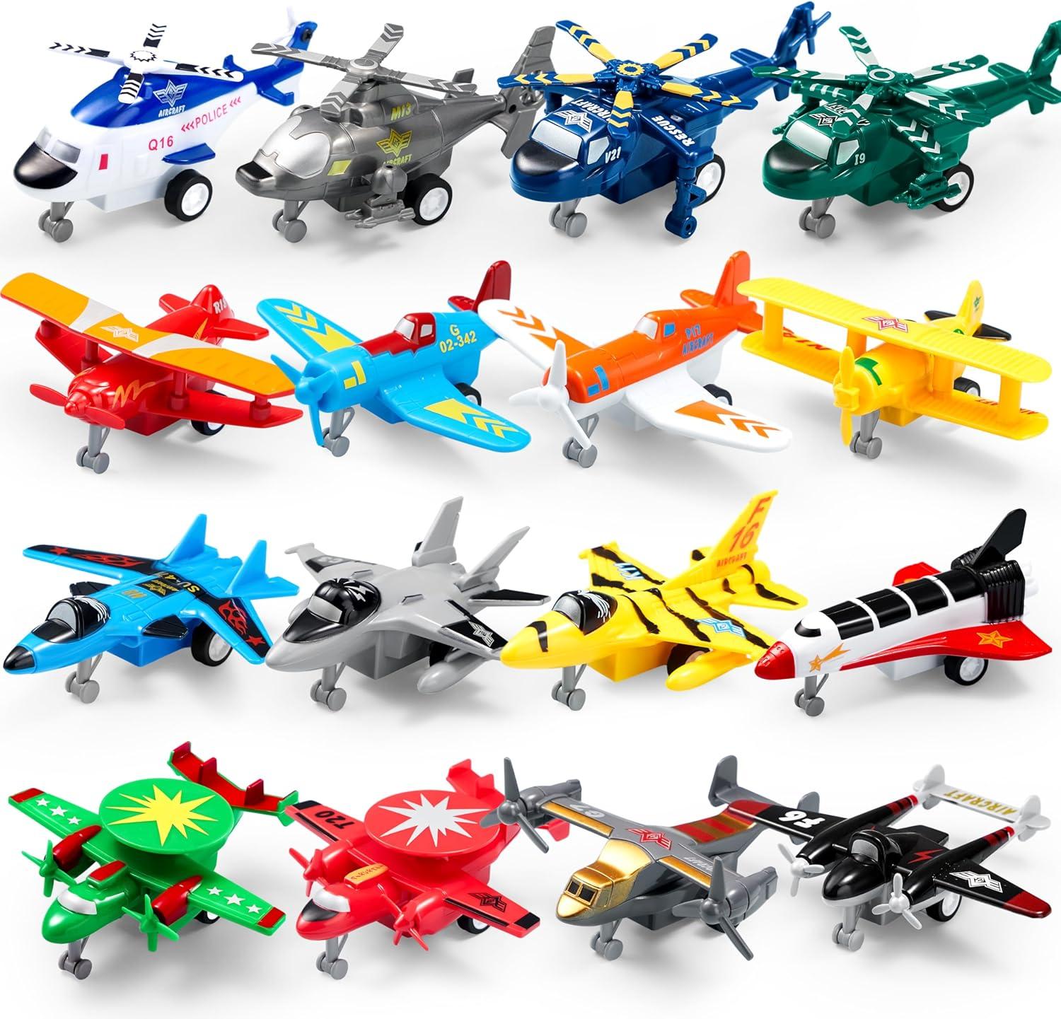 SYNCFUN 16 Pcs Pull Back Airplane Toys, Boys Plane Playset, Aircraft Incl Helicopter Toys, Fighter Jet Toys, Bomber Biplane Toy, Gifts for Toddler s