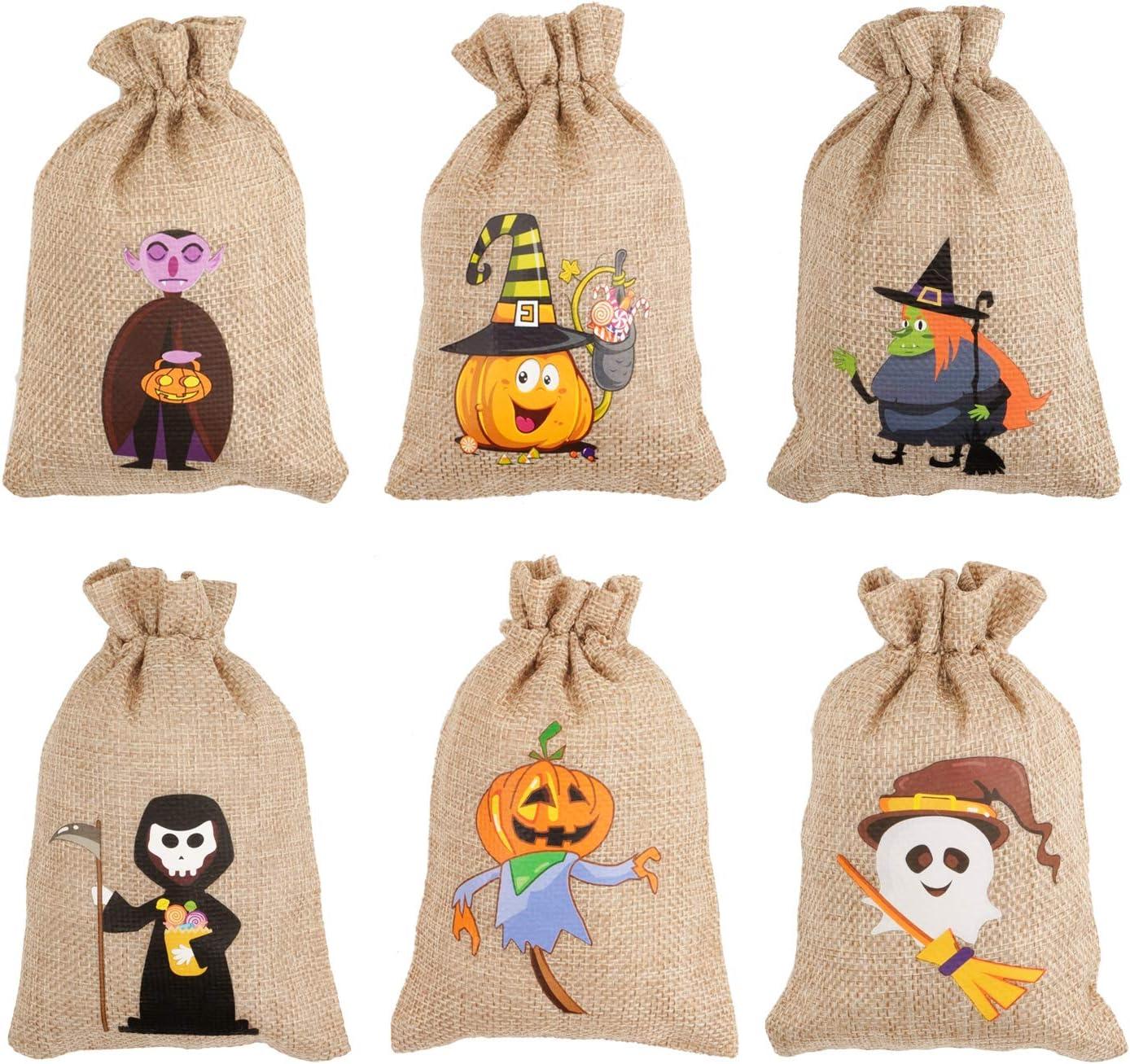 COEN 48 Halloween burlap gift bags with drawstrings, perfect for kids' Halloween party favors and treats.