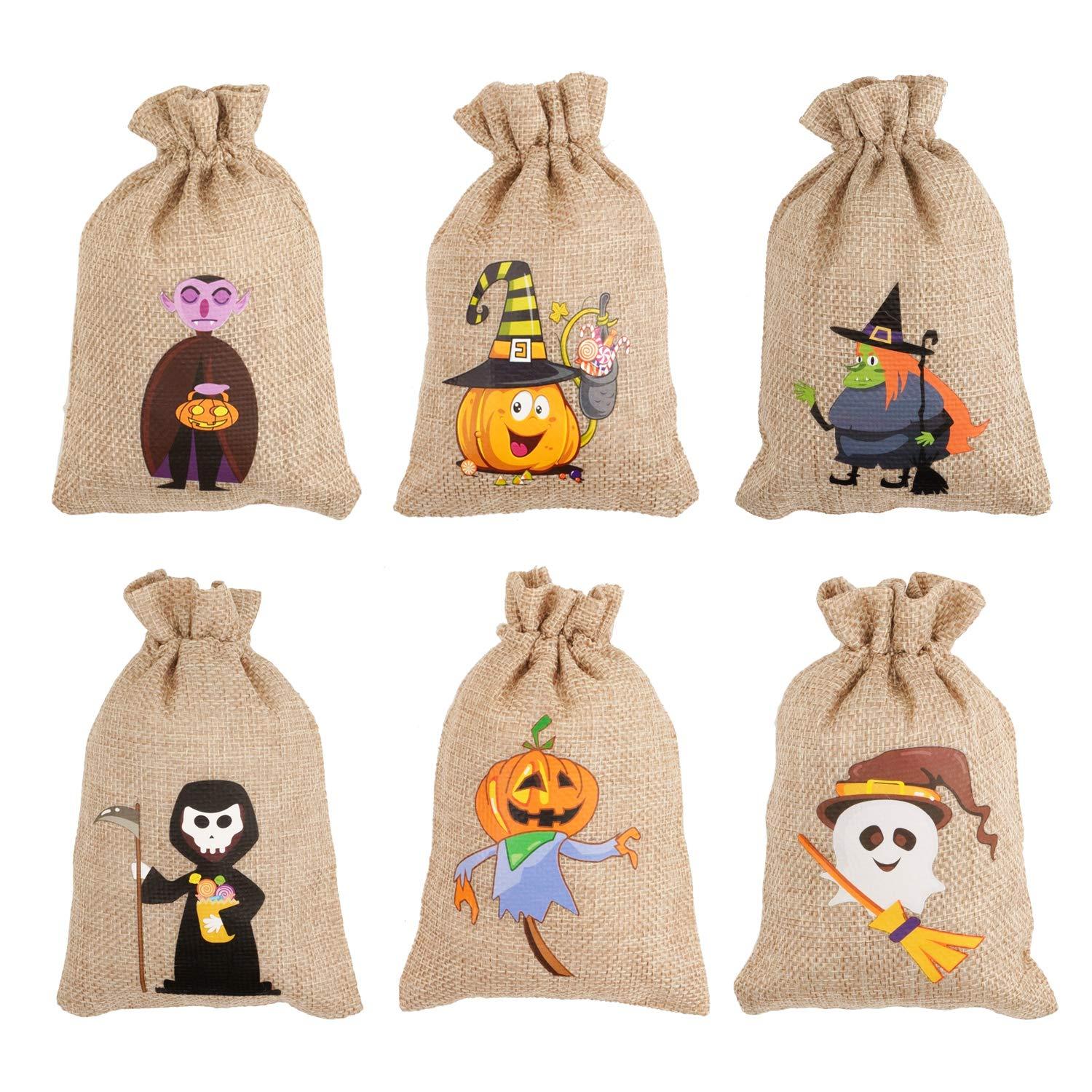 COEN 48 Halloween burlap gift bags with drawstrings, perfect for kids' Halloween party favors and treats.