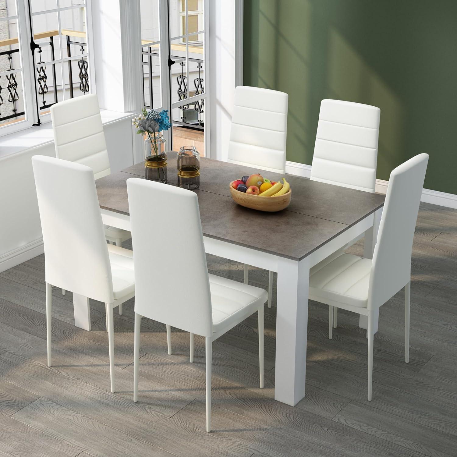 Dining Table and Chairs Set 6, 7 Pieces Kitchen Table Set with High Back Faux Leather Chair for Dining Room Kitchen Rectangular Modern (Grey Table White Chairs)