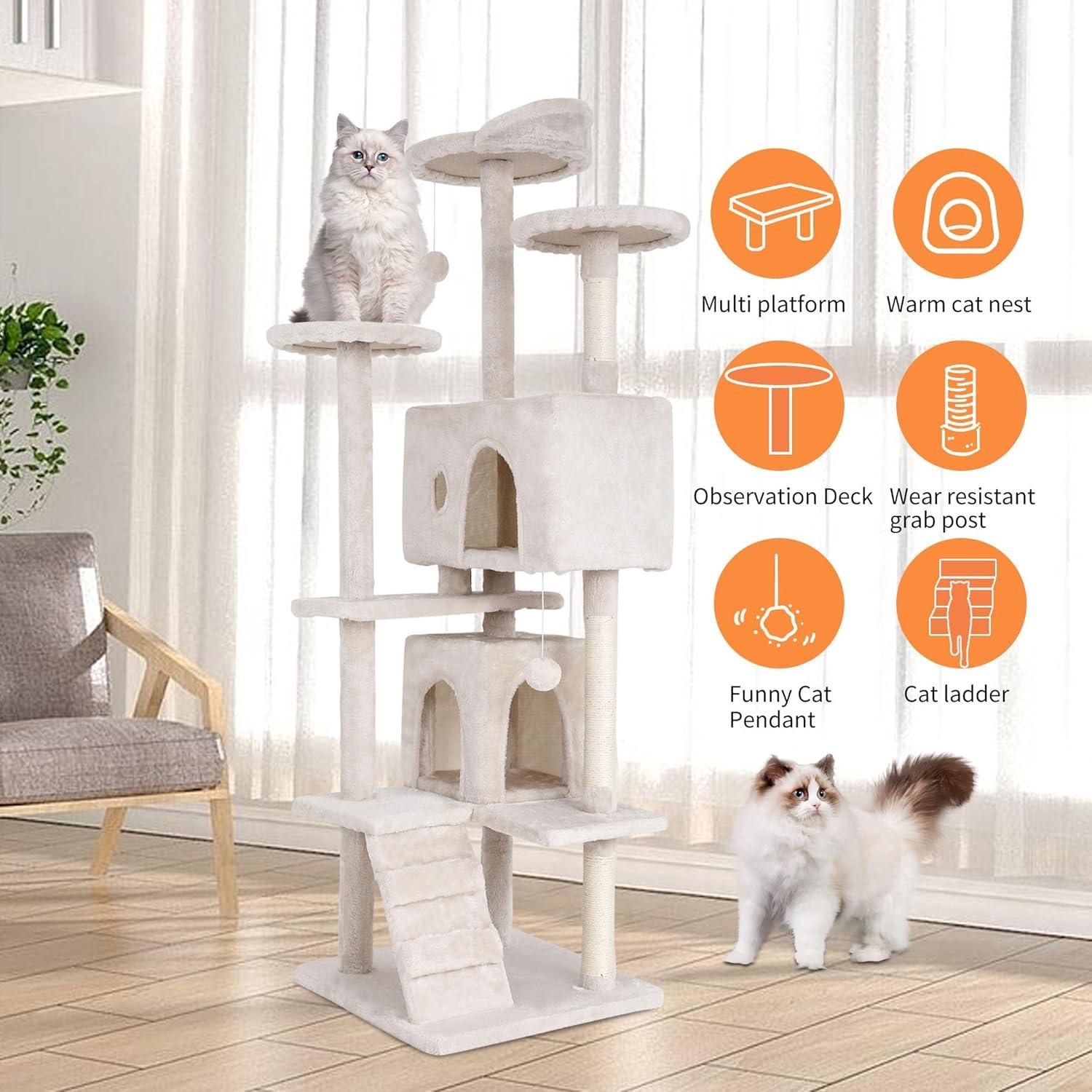 70" Cat Tree Tower With Scratching Posts, Multiple Cat Caves, Top Perch, And Play Features For Indoor Cats
