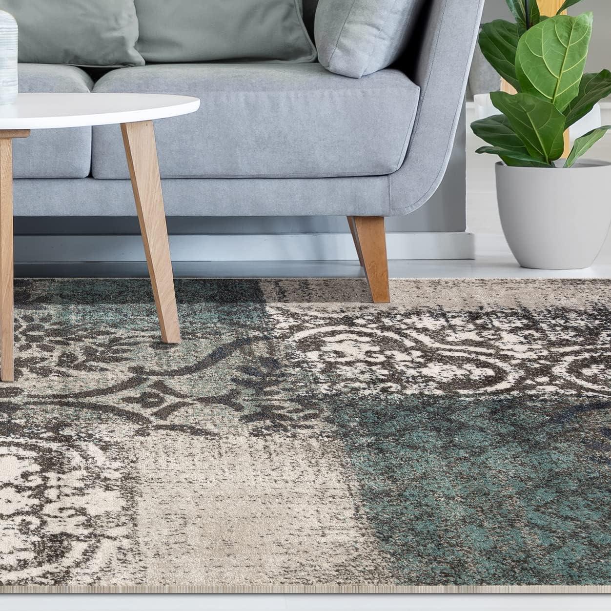 Rivulet Gray and Blue Abstract Damask 3' x 5' Area Rug