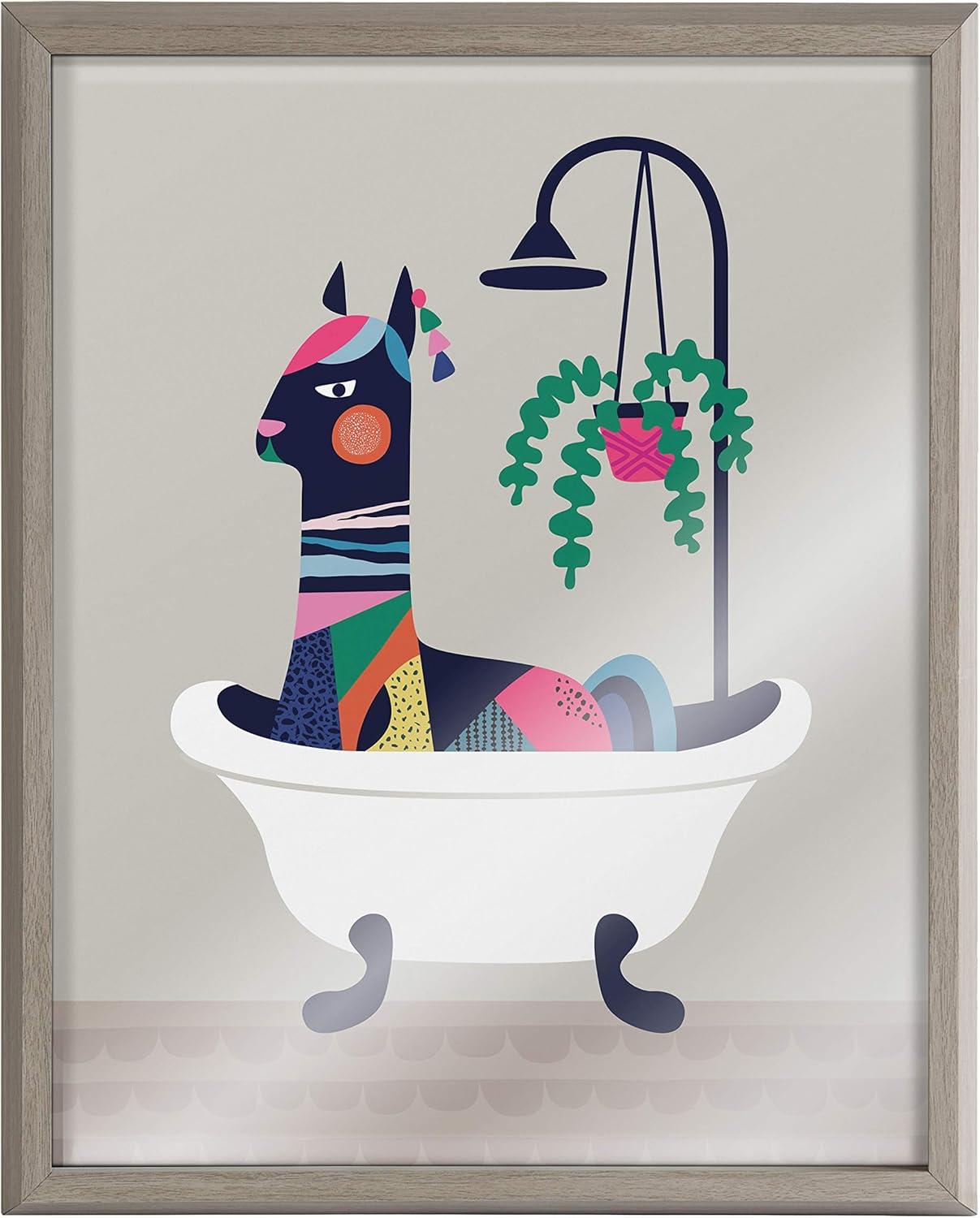 16" x 20" Blake Mid Century Llama in The Tub Framed Printed Glass by Rachel Lee of My Dream Wall Gray - Kate & Laurel All Things Decor