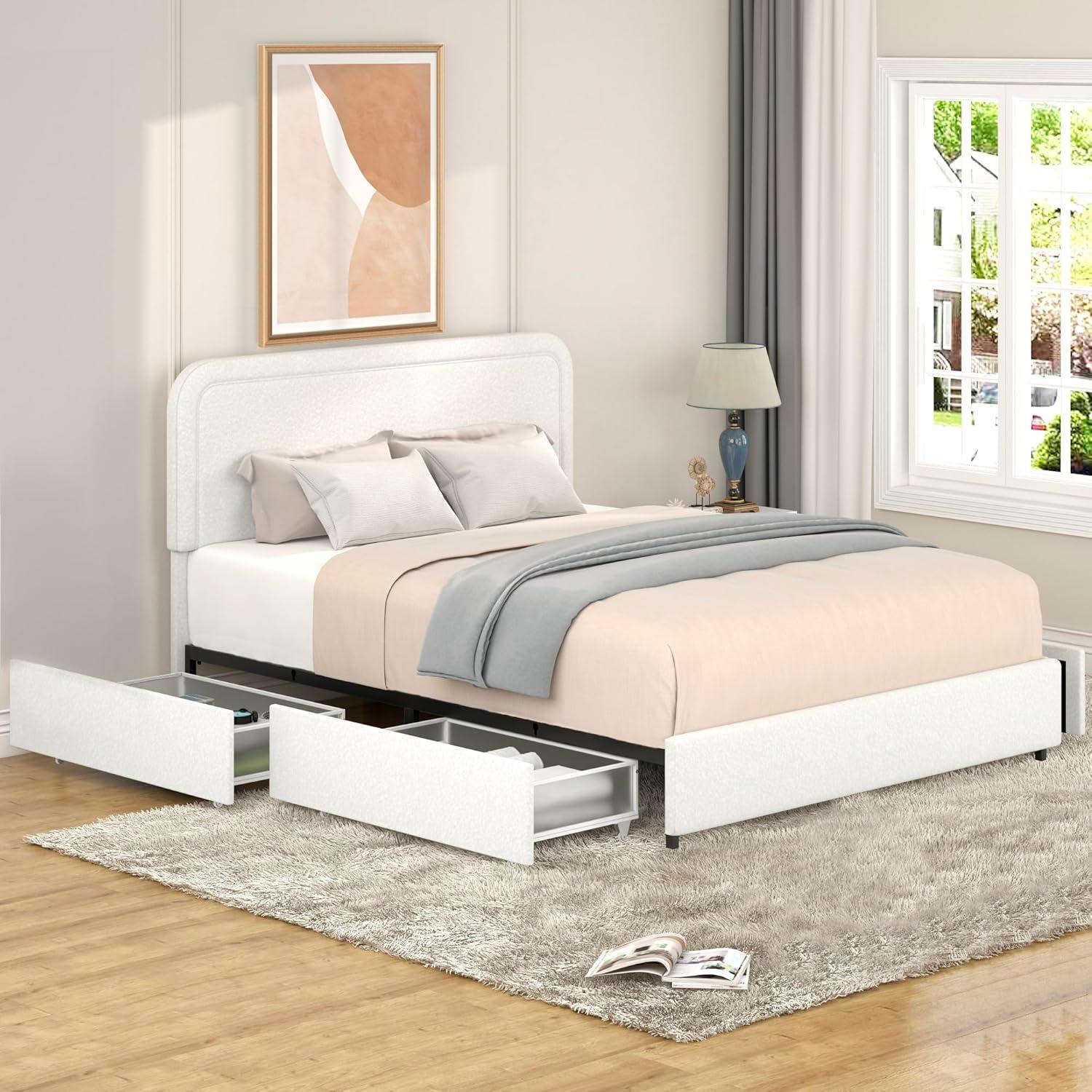 Ivory Boucle Upholstered Queen Platform Bed with Storage Drawers