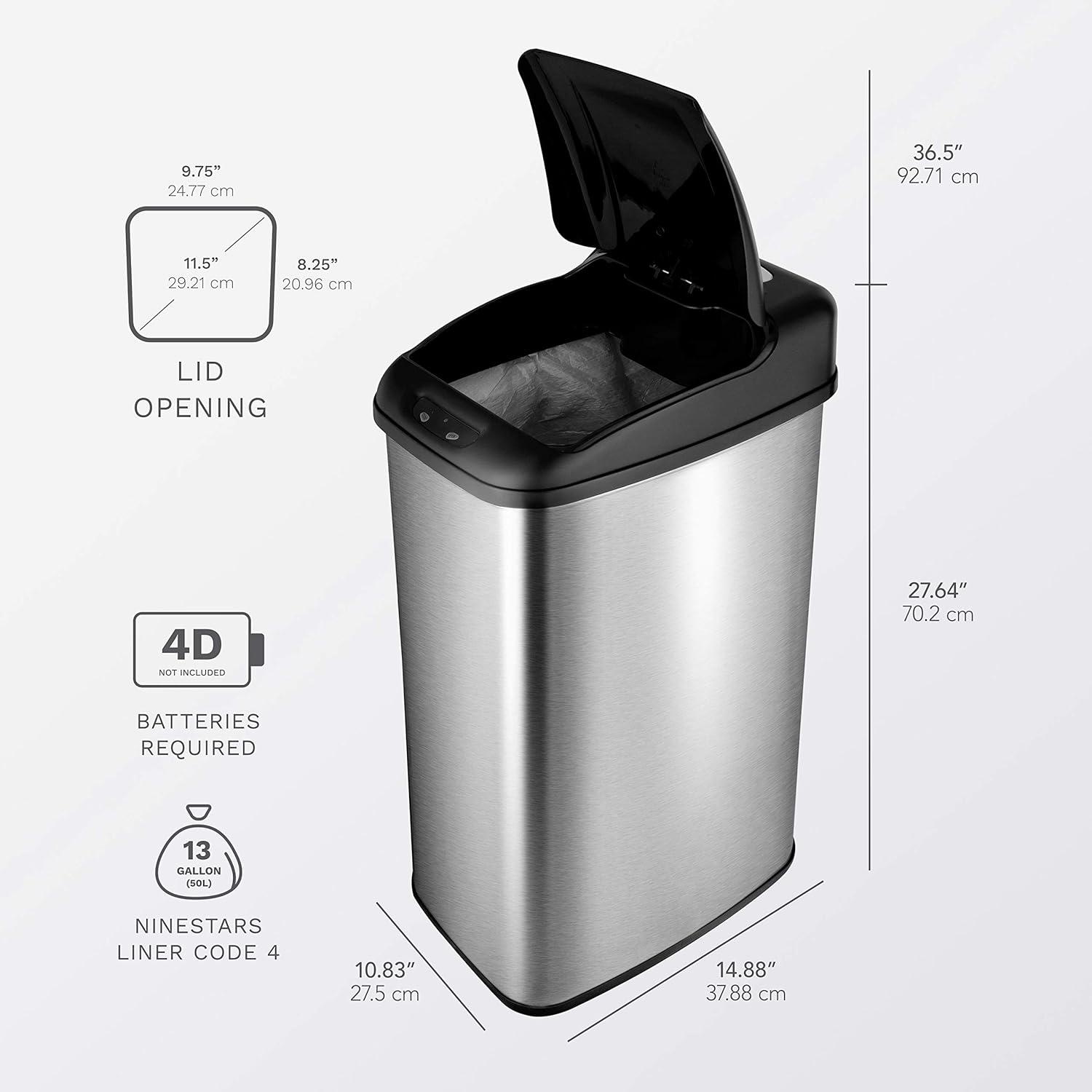 13 Gallon Stainless Steel Touchless Motion Sensor Trash Can with Black Lid