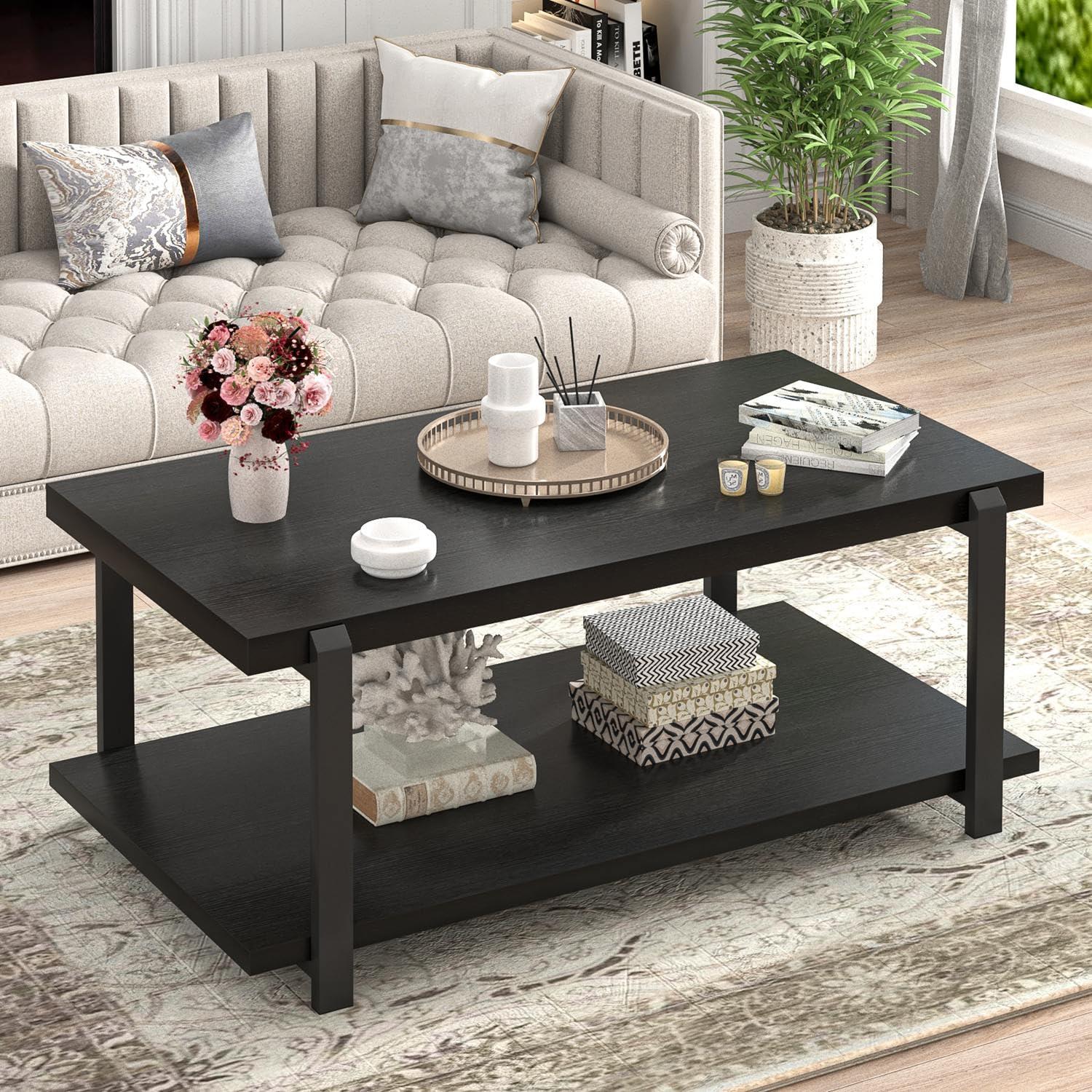 FOLUBAN Industrial Coffee Table with Shelf, Wood and Metal Rustic Cocktail Table for Living Room, Oak