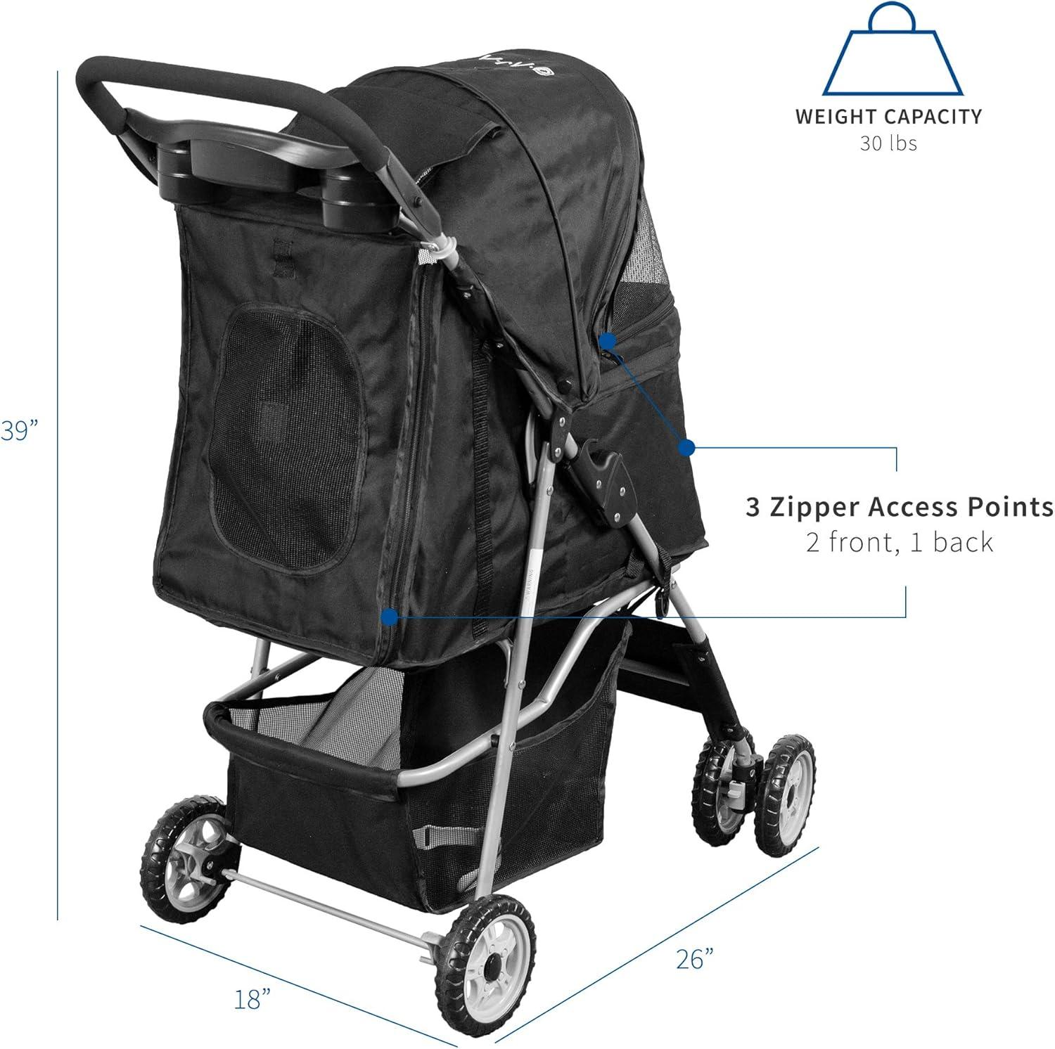 Black Foldable 4-Wheel Pet Stroller with Mesh Windows