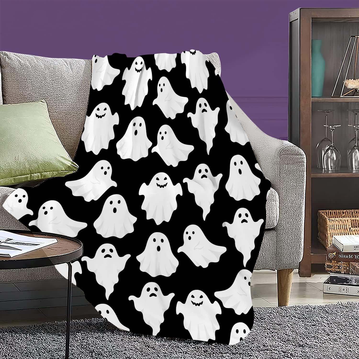 Halloween Black and White Flannel Ghost Throw Blanket