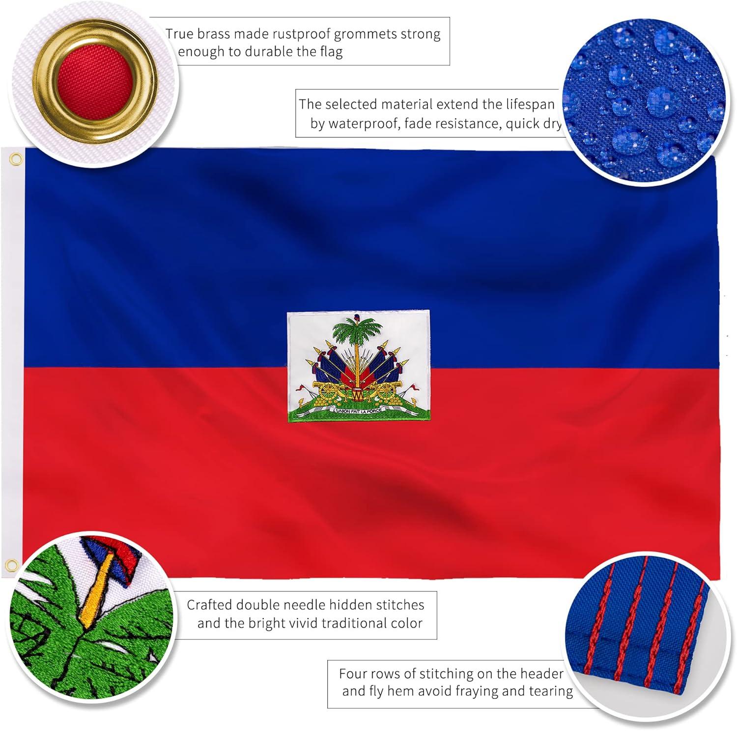 AGAS Haiti Flag 3x5 ft Double Stitched Hem 100% Polyester Metal Grommets Indoor Haitian National Flag