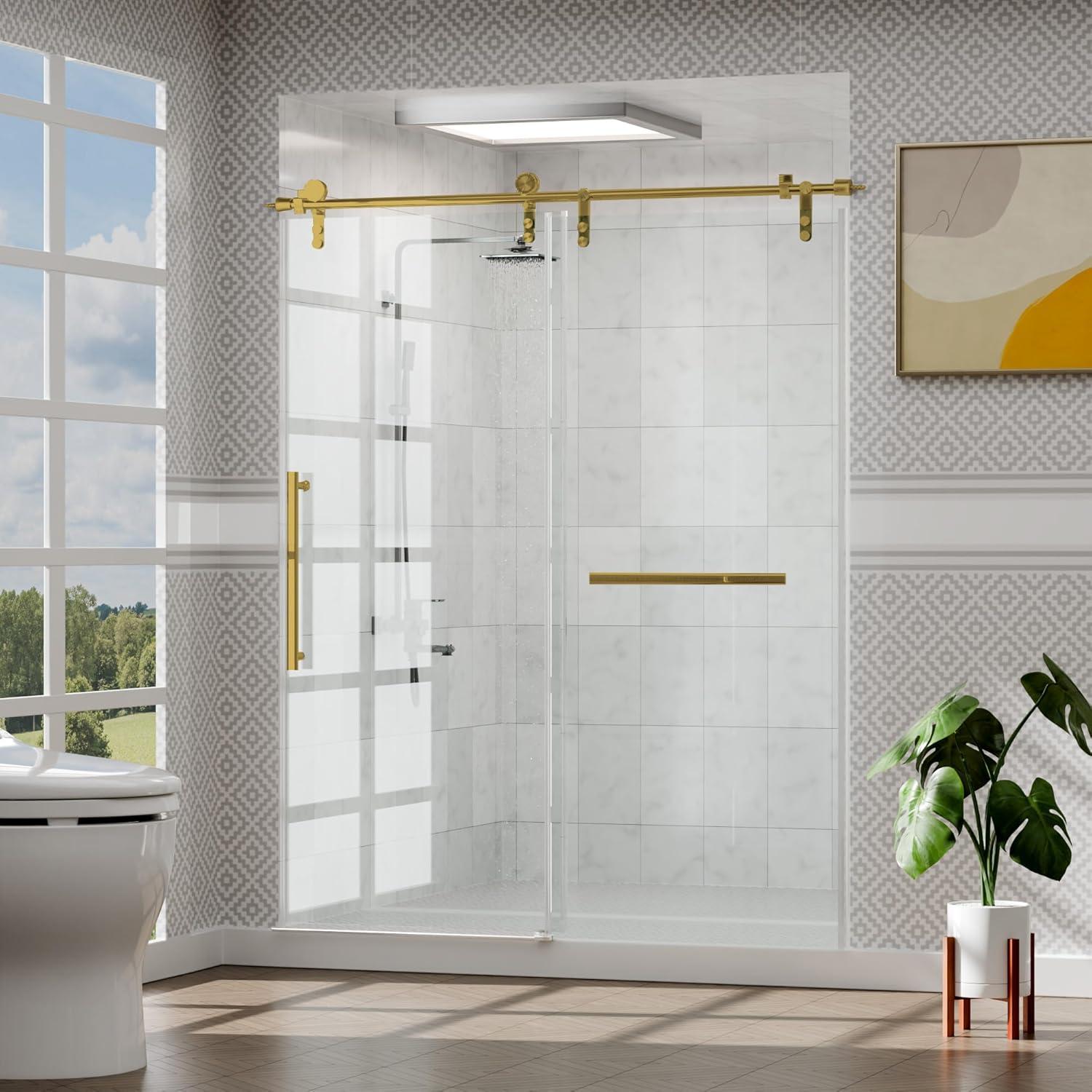 Gold Frameless Sliding Shower Door with Clear Glass and Stainless Steel Handle