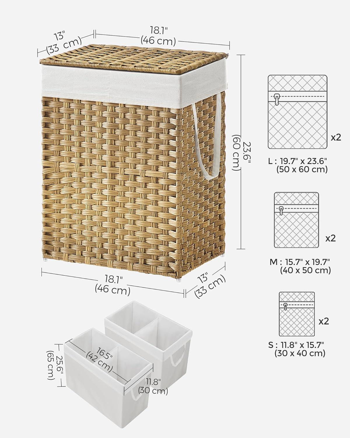 Natural Wicker Collapsible Laundry Hamper with Lid and Liners