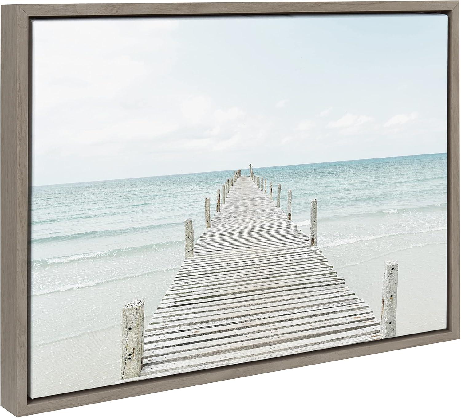 Kate and Laurel Sylvie Wooden Pier on Beach Framed Canvas by Amy Peterson Art Studio, 18x24, Gray