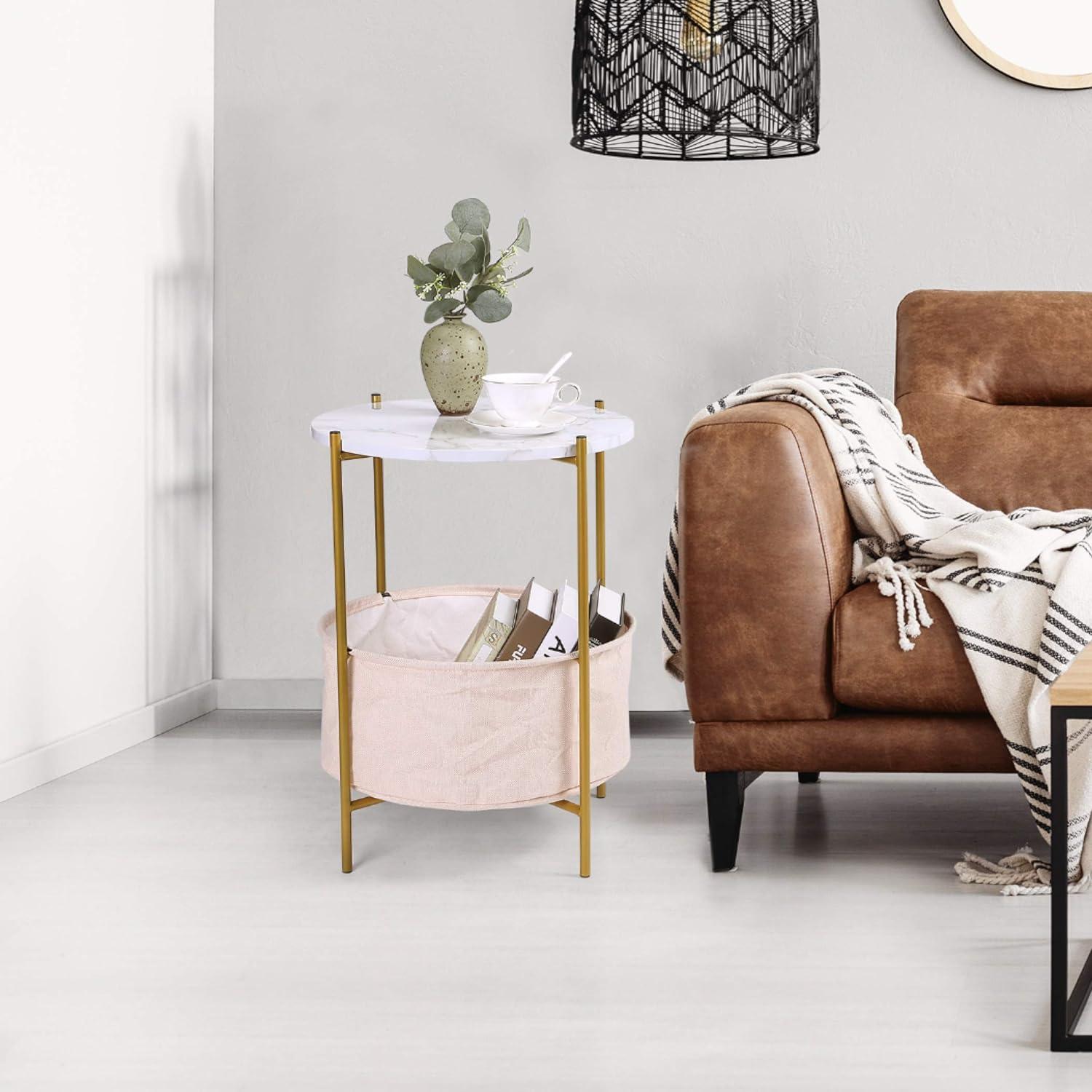 Round Gold Metal Frame Side Table with Faux Marble Top and Beige Fabric Basket