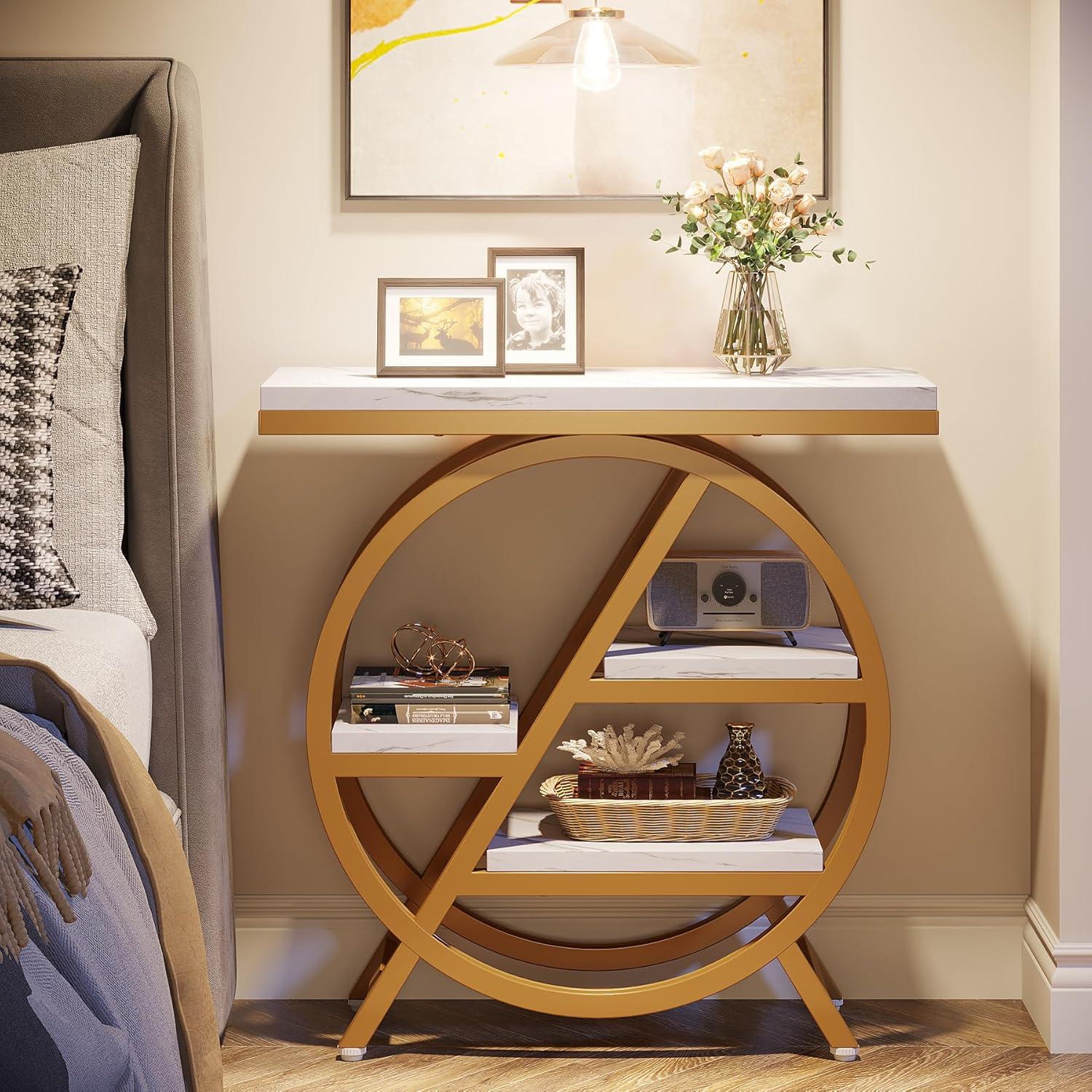 Gold and White Faux Marble 3-Tier End Table with Geometric Metal Frame