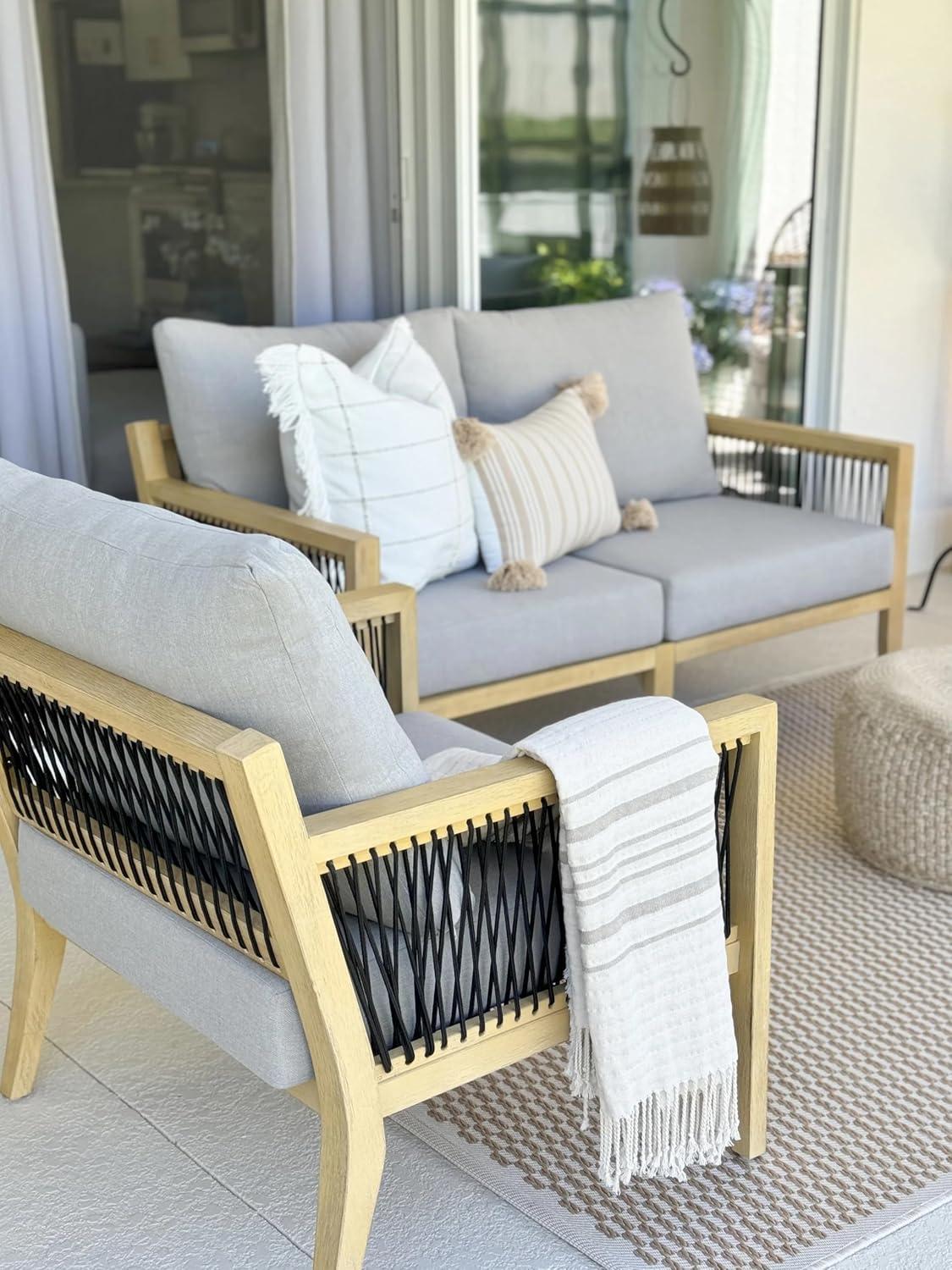Nathan James 3pc Freya Bohemian Wood Outdoor Patio Conversation Set: Acacia Frame, UV-Resistant