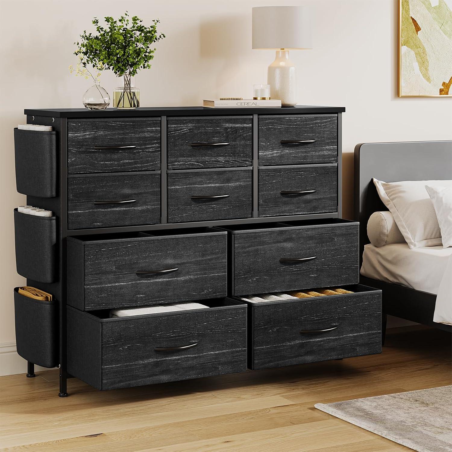 Dresser for Bedroom with 10 Drawers, Dressers & Chest of Drawers, Long Fabric Storage Drawer with Wood Tabletop for Kids Room, Closet, Hallway, Entryway (Graphite Gray)