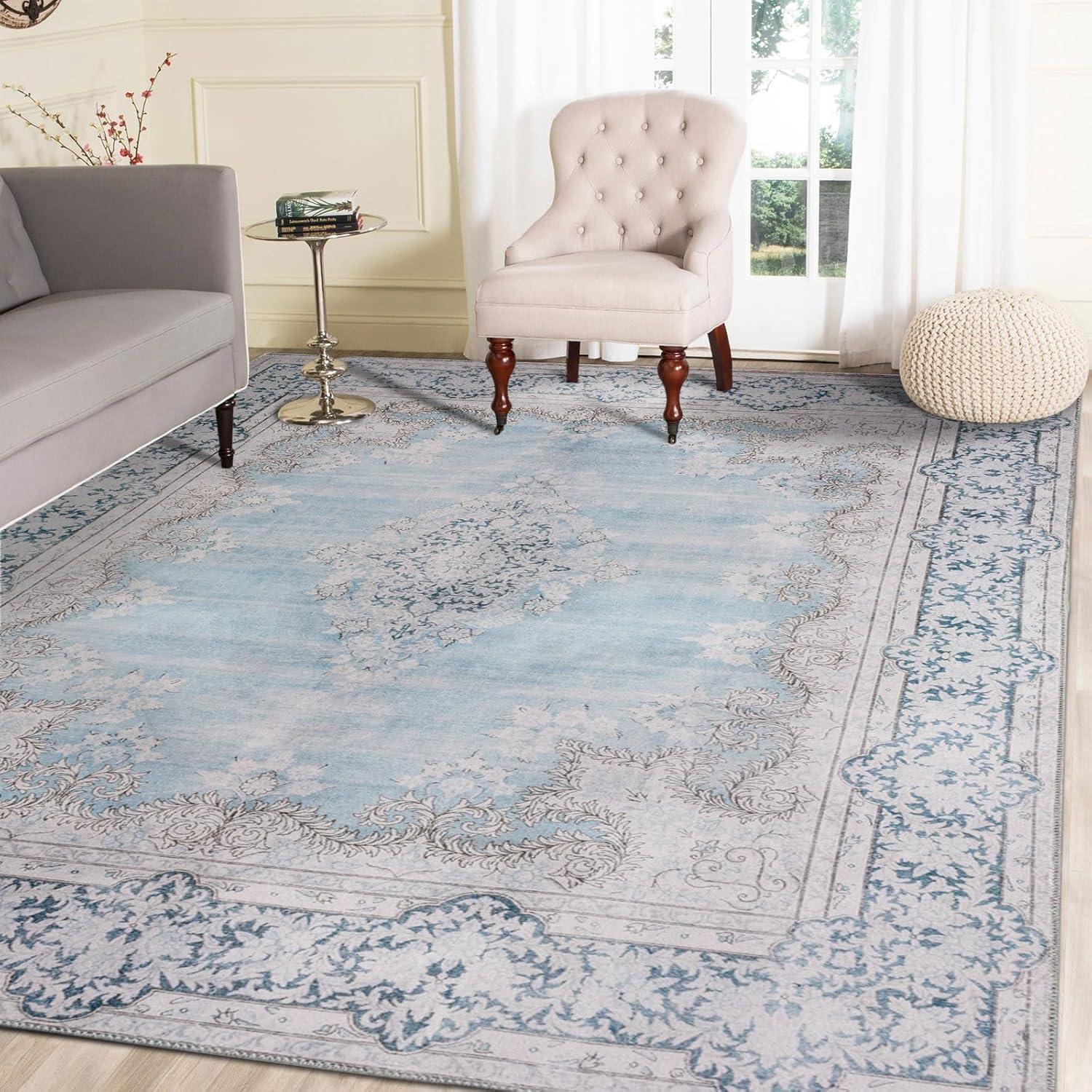 DECOMALL FEAONA Blue Oriental Machine Washable and Foldable Area Rug