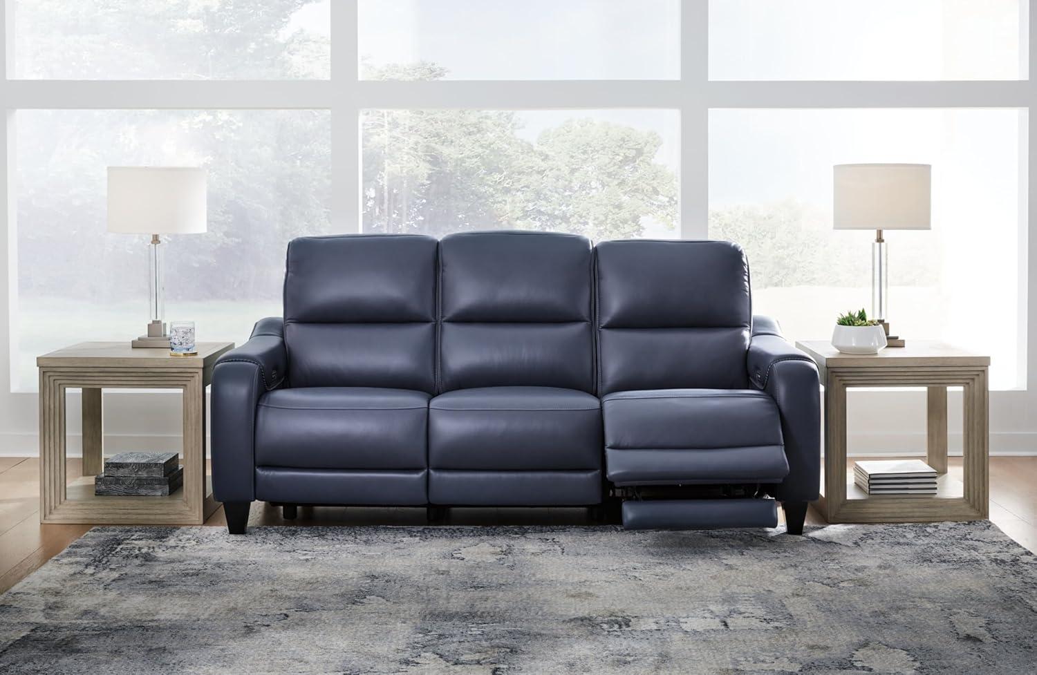 Blue Faux Leather Power Reclining Sofa with Adjustable Headrest