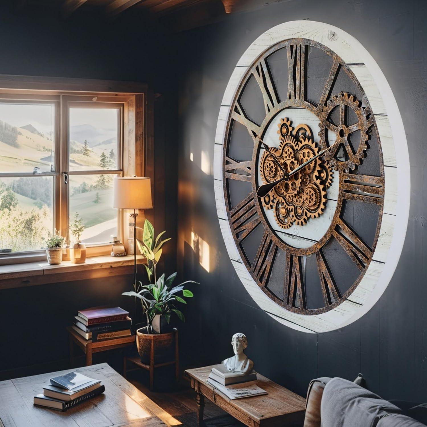The Gears Clock Wall Clock 36" Round Oversized for Living Room decor with Real Moving Gears America Collection