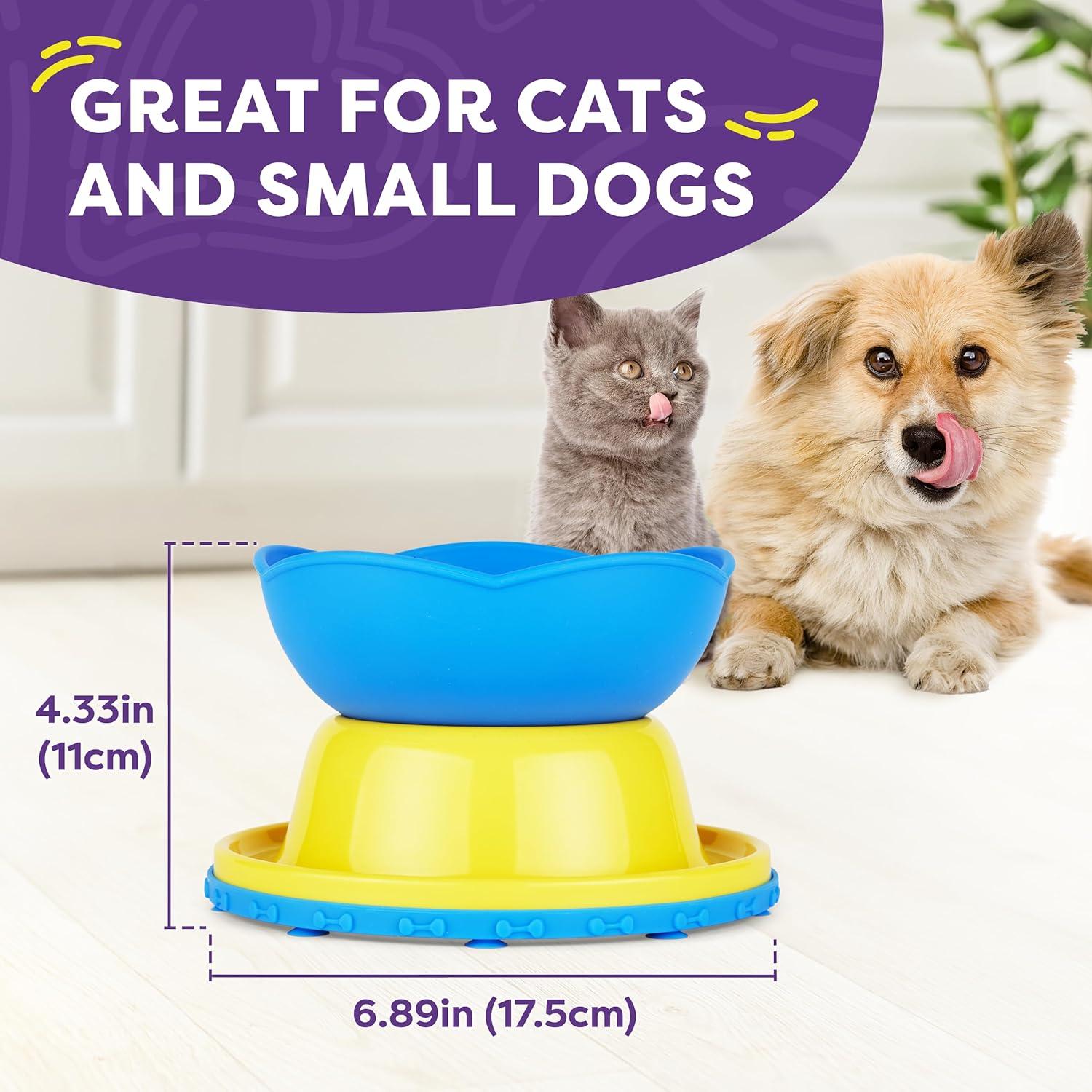 Yellow and Blue Elevated Slow Feeder Bowl for Cats