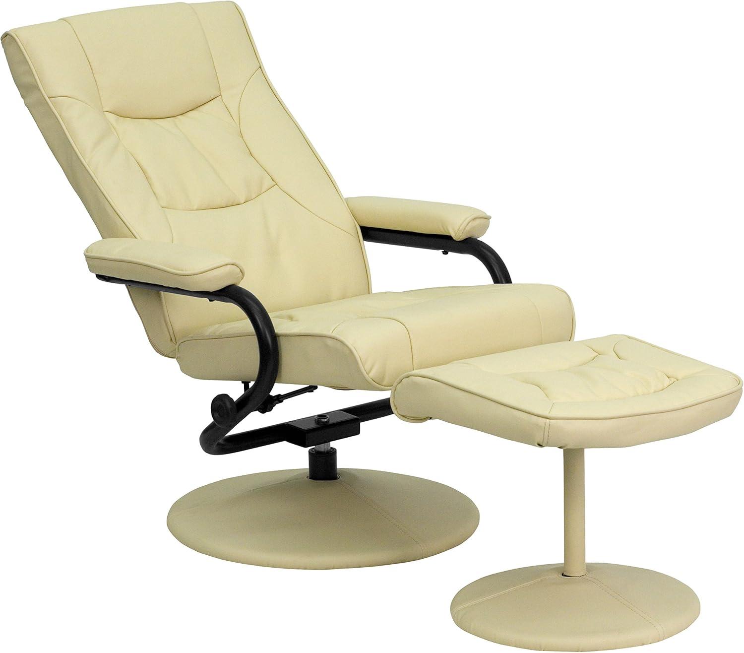 Cream Leather Swivel Recliner with Ottoman and Metal Base