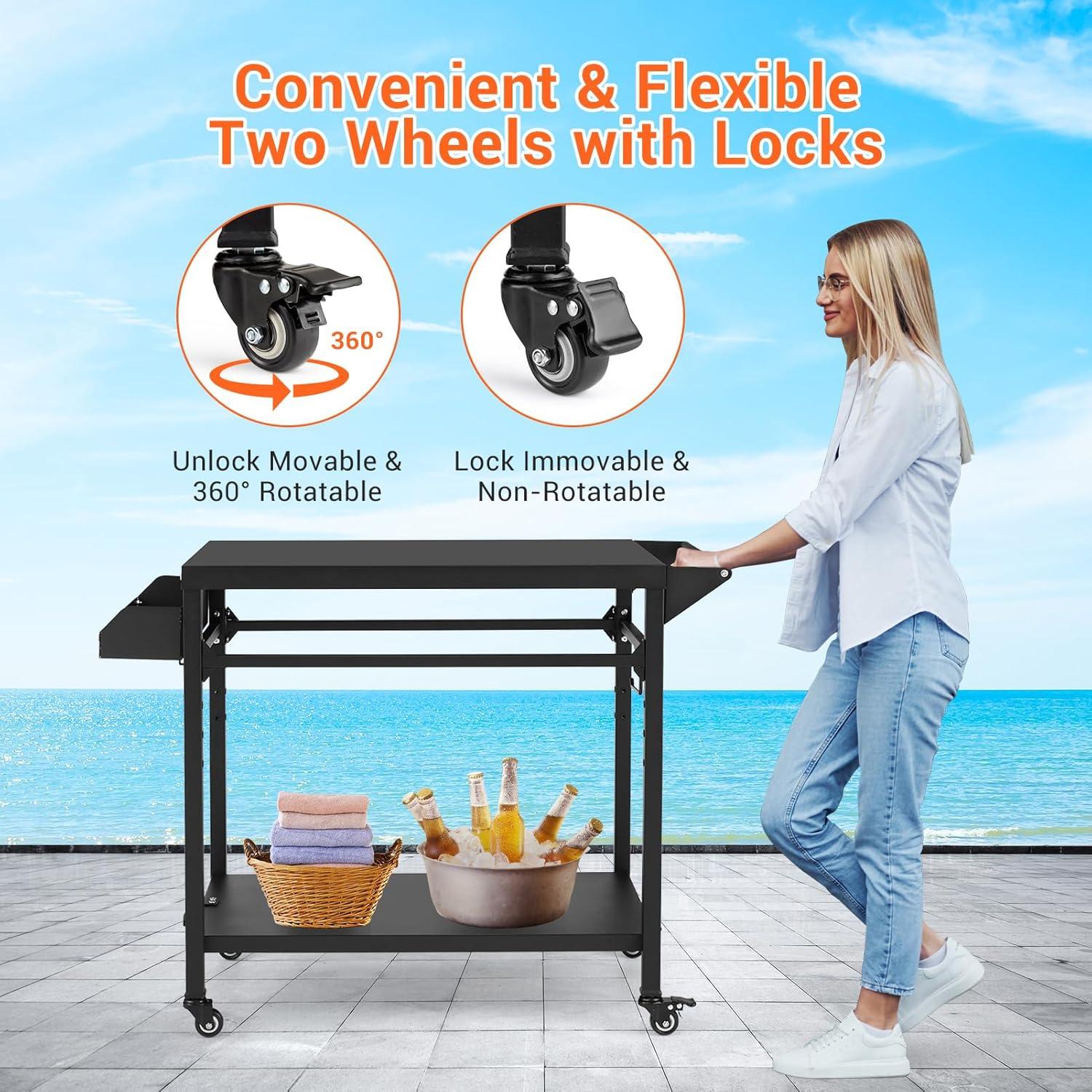 Outdoor Grill Cart, Pizza Oven Stand Table with Wheels for Outside Patio, Heavy Duty Movable Outdoor Cooking Prep Table BBQ Smoker Cart for Backyard, Camping and Parties