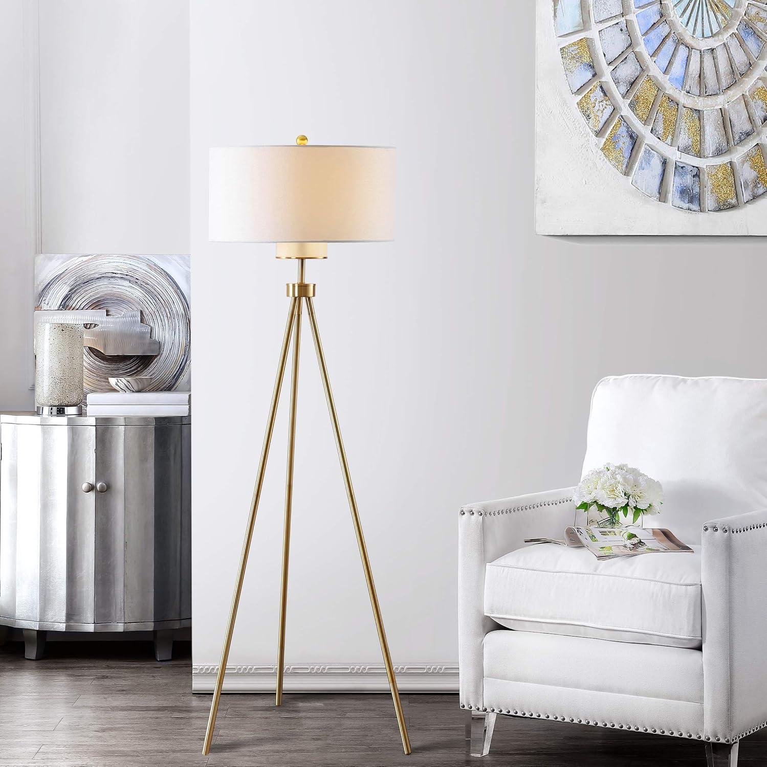 Gold Tripod Floor Lamp with White Drum Shade