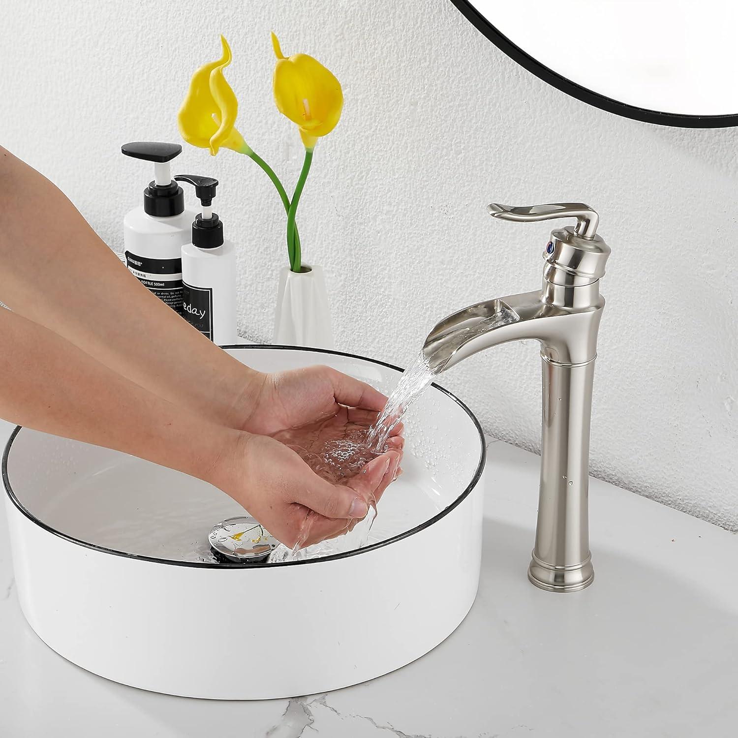 Waterfall Bathroom Faucet Brushed Nickel GGStudy Single Handle One Hole Tally Body Farmhouse Bathroom Vessel Sink Faucet Matching with Pop Up Drain