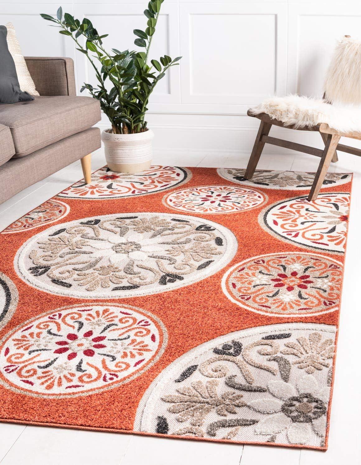 Terracotta Ivory Abstract 4' x 6' Easy-Care Outdoor Rug