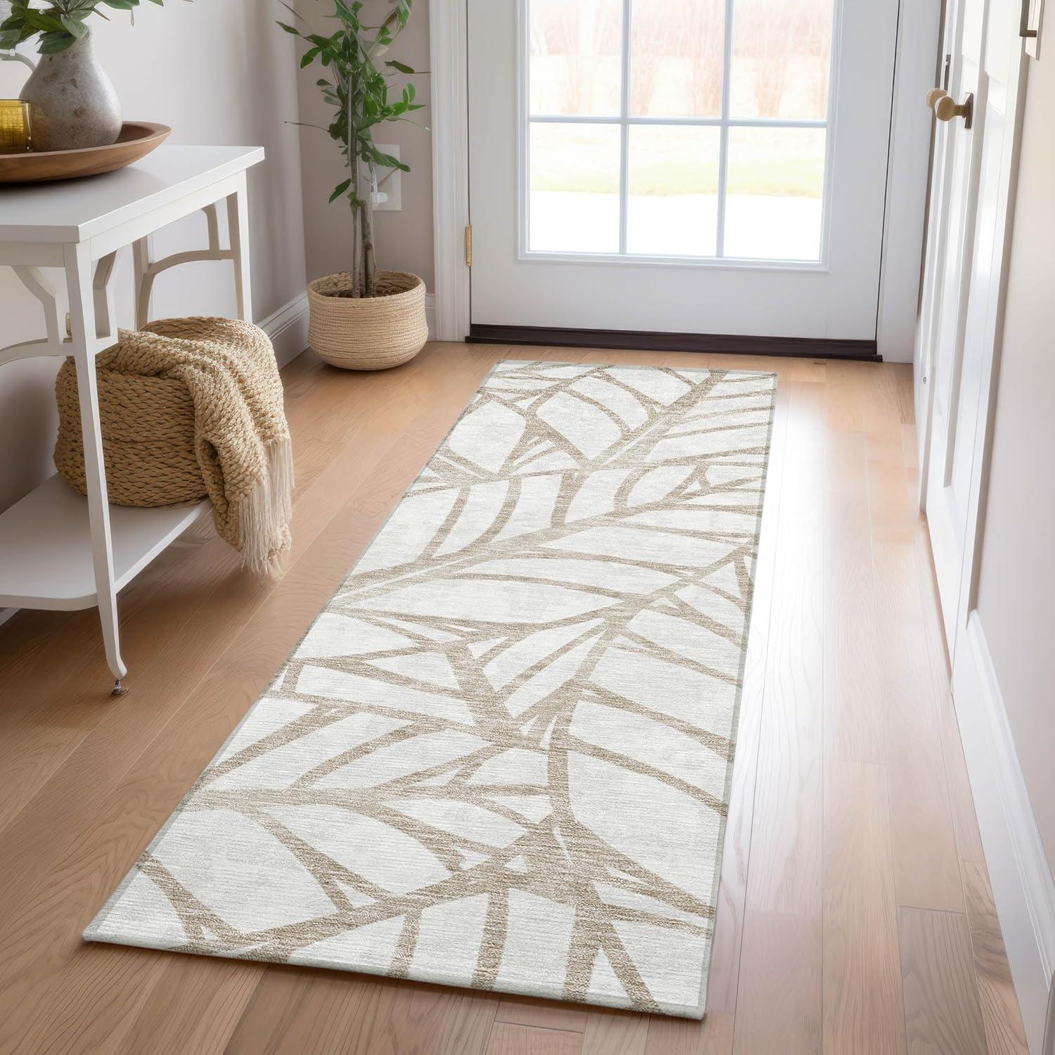 Beige and Off-White Geometric Pattern Indoor/Outdoor Runner Rug