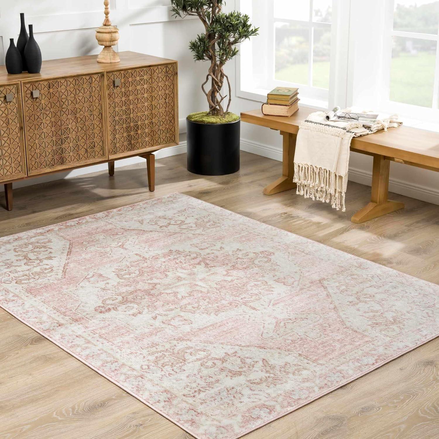 BoutiqueRugs Blush & Light Pink Collection Snead Bohemian Oriental Medallion Large Area Rug - Traditional Floral Carpet for Living Room - Blush, Pale Pink, Cream - 7'10" x 9'6" (8x10 Area Rug)