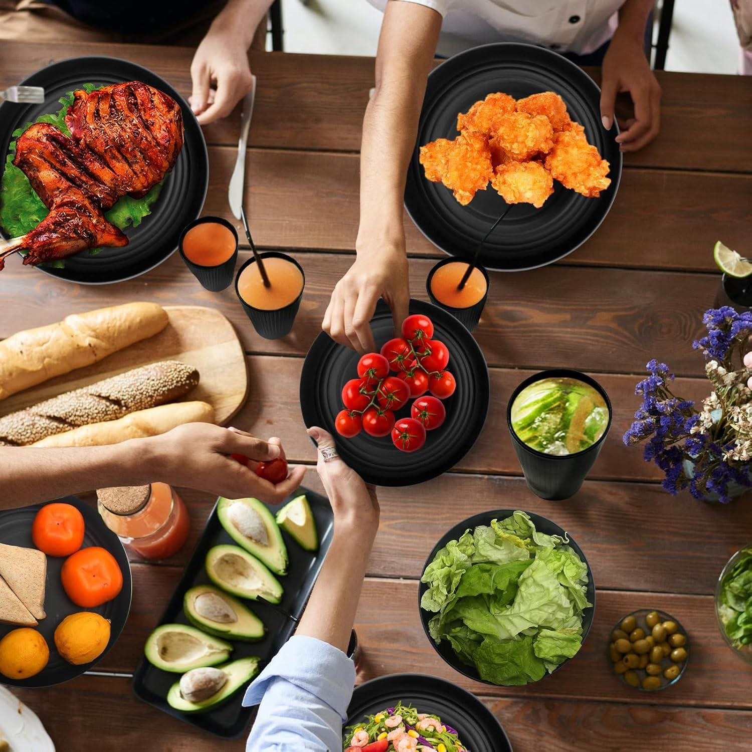 32 Pcs Wheat Straw Dinnerware Sets,Plastic Plates and Bowls Sets for 8,Unbreakable Dinnerware Set,Reusable Lightweight Black Dish Set for Kitchen,Camping,Party,RV,Dishwasher Microwave Safe