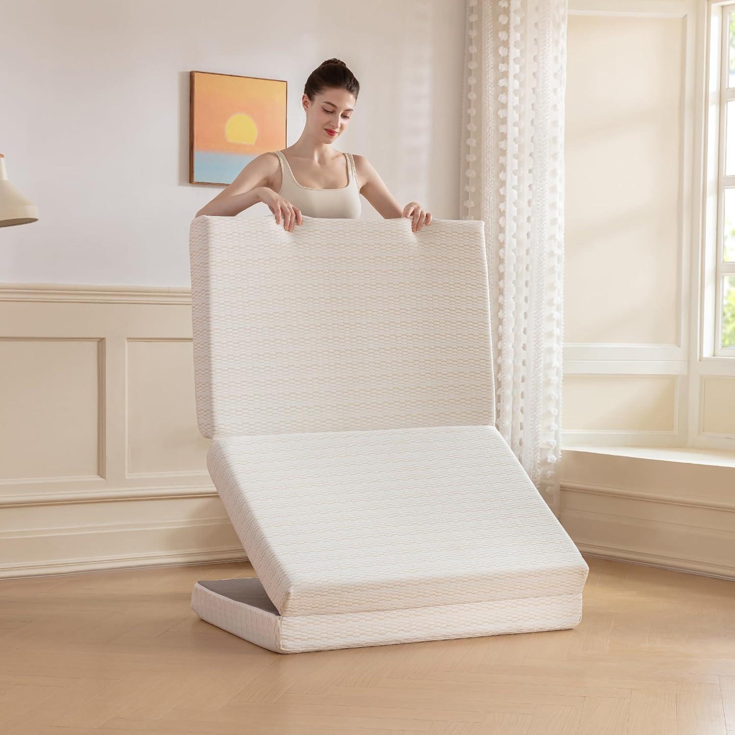 White 3-Inch Foldable Memory Foam Mattress with Washable Cover