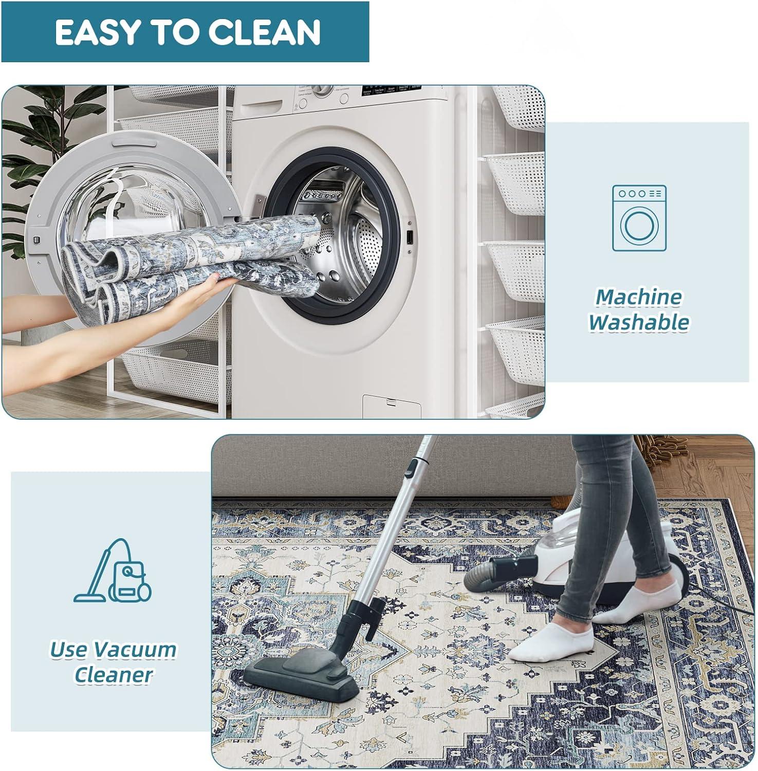 Garvee 9x12 Large Area Rug Washable Rug Vintage Floral Printed Carpet Boho Chenille Floor Cover Non-Slip Soft Foldable Thin Rug Home Decor, Blue/Beige