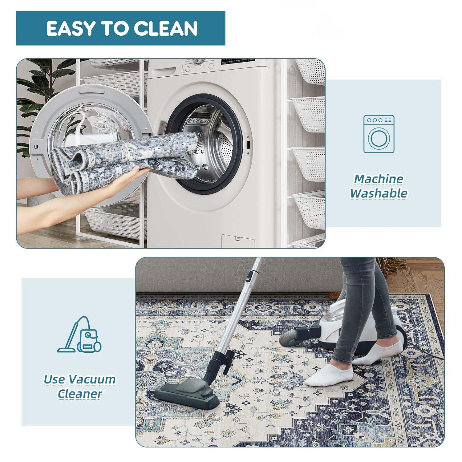 Garvee 9x12 Large Area Rug Washable Rug Vintage Floral Printed Carpet Boho Chenille Floor Cover Non-Slip Soft Foldable Thin Rug Home Decor, Blue/Beige