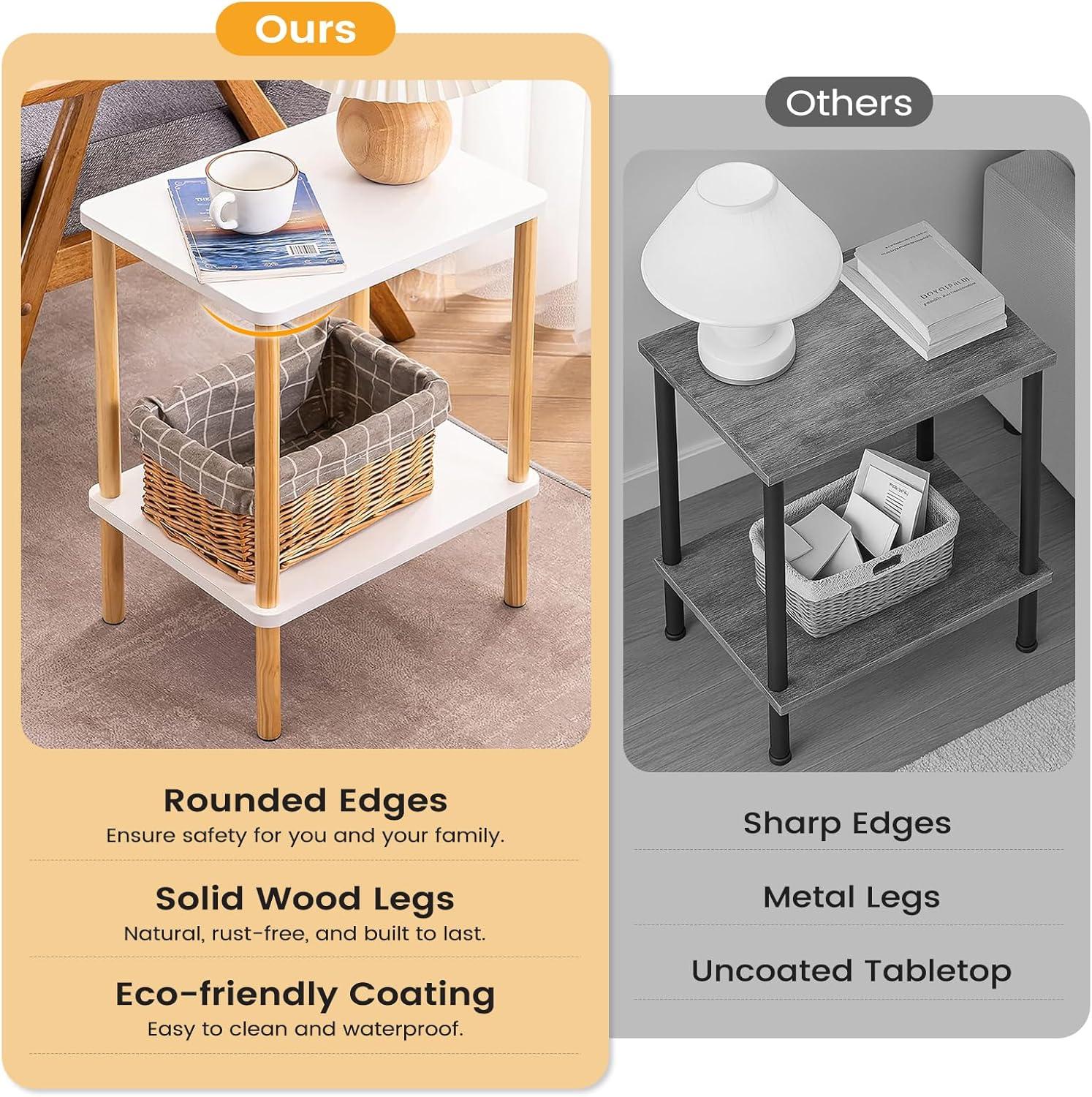 Apicizon 2 Tier End Table Set of 2, Small Side Table with Solid Wood Legs, Boho Bedside Table with Storage Shelf, Nightstand for Small Spaces, Bedroom, Living Room, Entryway, White+Natural