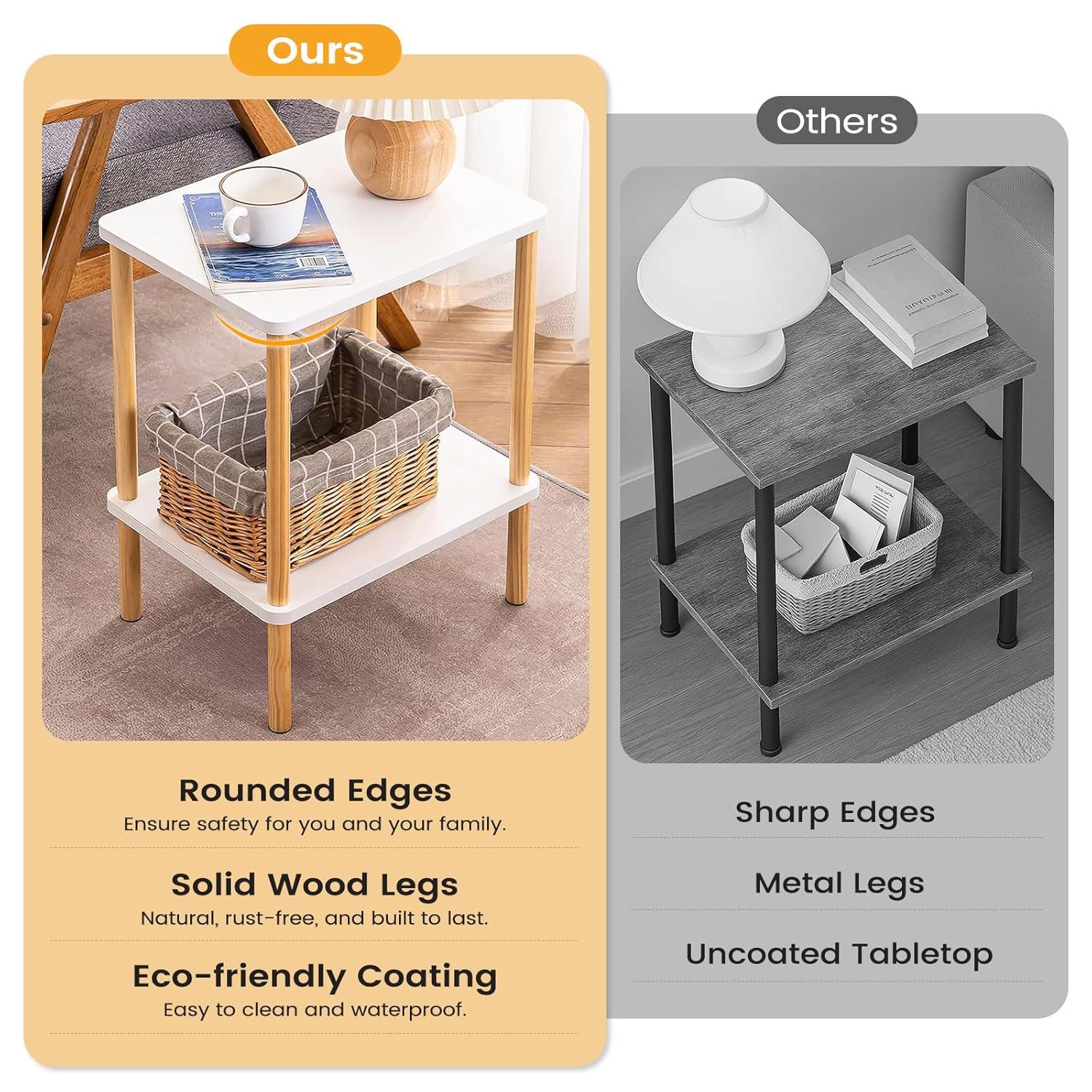Apicizon 2 Tier End Table Set of 2, Small Side Table with Solid Wood Legs, Boho Bedside Table with Storage Shelf, Nightstand for Small Spaces, Bedroom, Living Room, Entryway, White+Natural