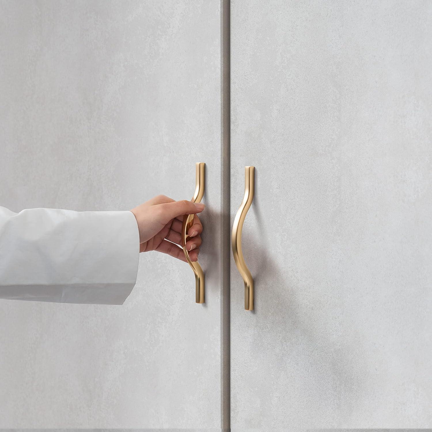Goo-Ki Low Profile Brushed Brass Cabinet Pulls, Double Hole Centers(3.8''/5'') Zinc Alloy Handle for Drawer Cupboard Wardrobe,6 Packed
