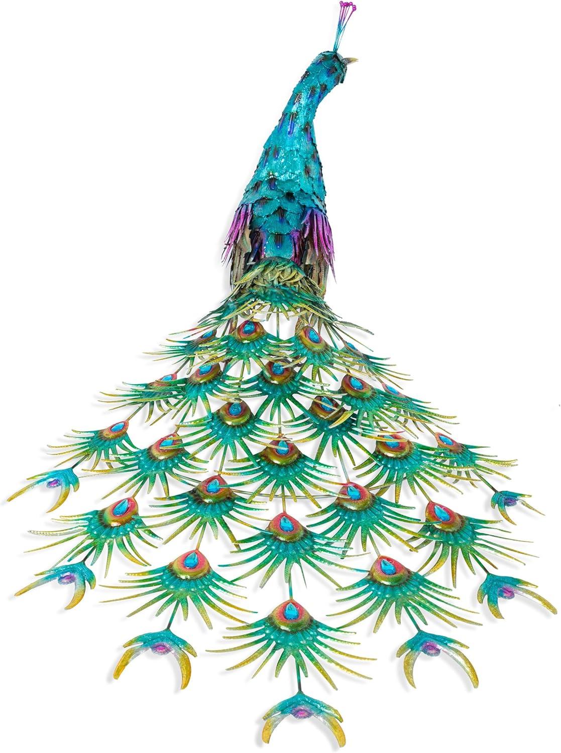 Alpine Corporation Jumbo Size Blue Majestic Tail Down Peacock Décor: 53"L Iron Garden Statue