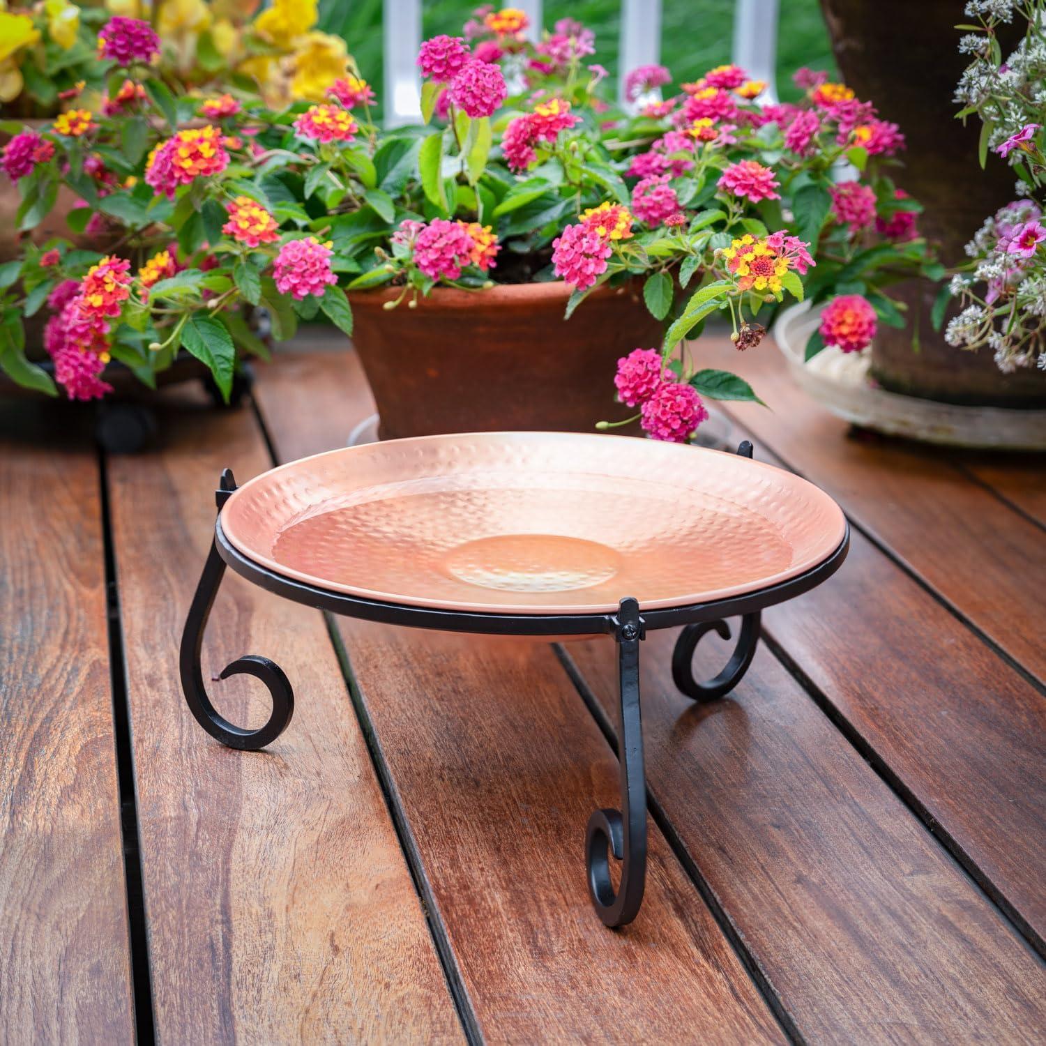 Good Directions BB-1 Pure Copper Birdbath Bird Feeder Heavy Gauge, 13.5” Diameter, Hand-Forged Black Steel Stand