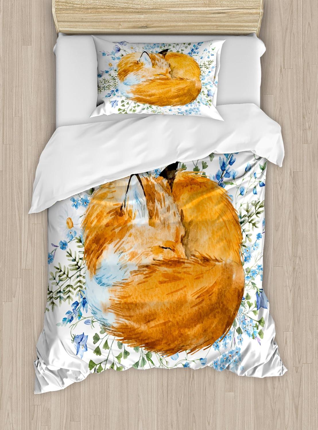 Twin Kids' Orange and Blue Fox Duvet Cover Set