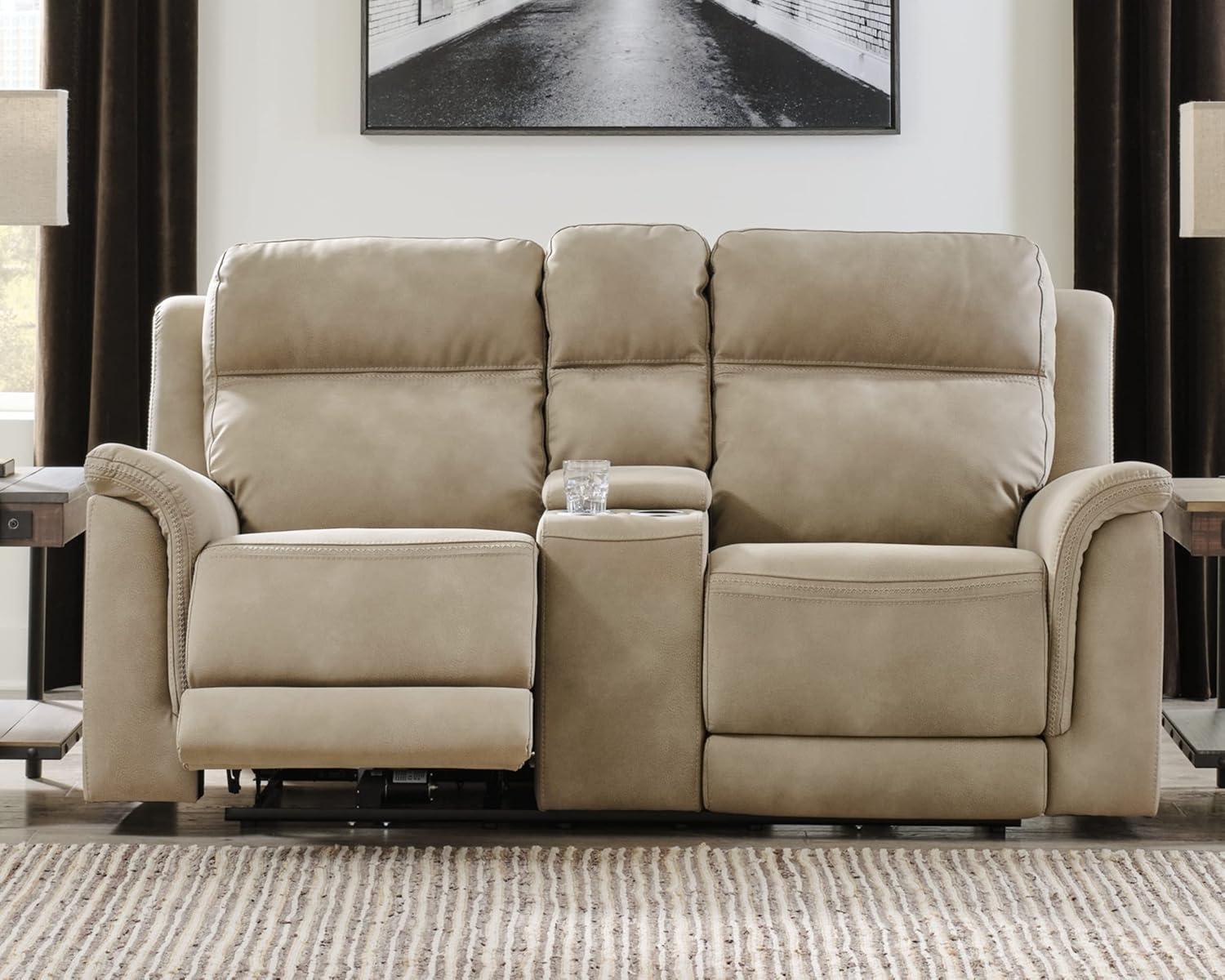 Sand Faux Leather Pillow Back Power Reclining Loveseat