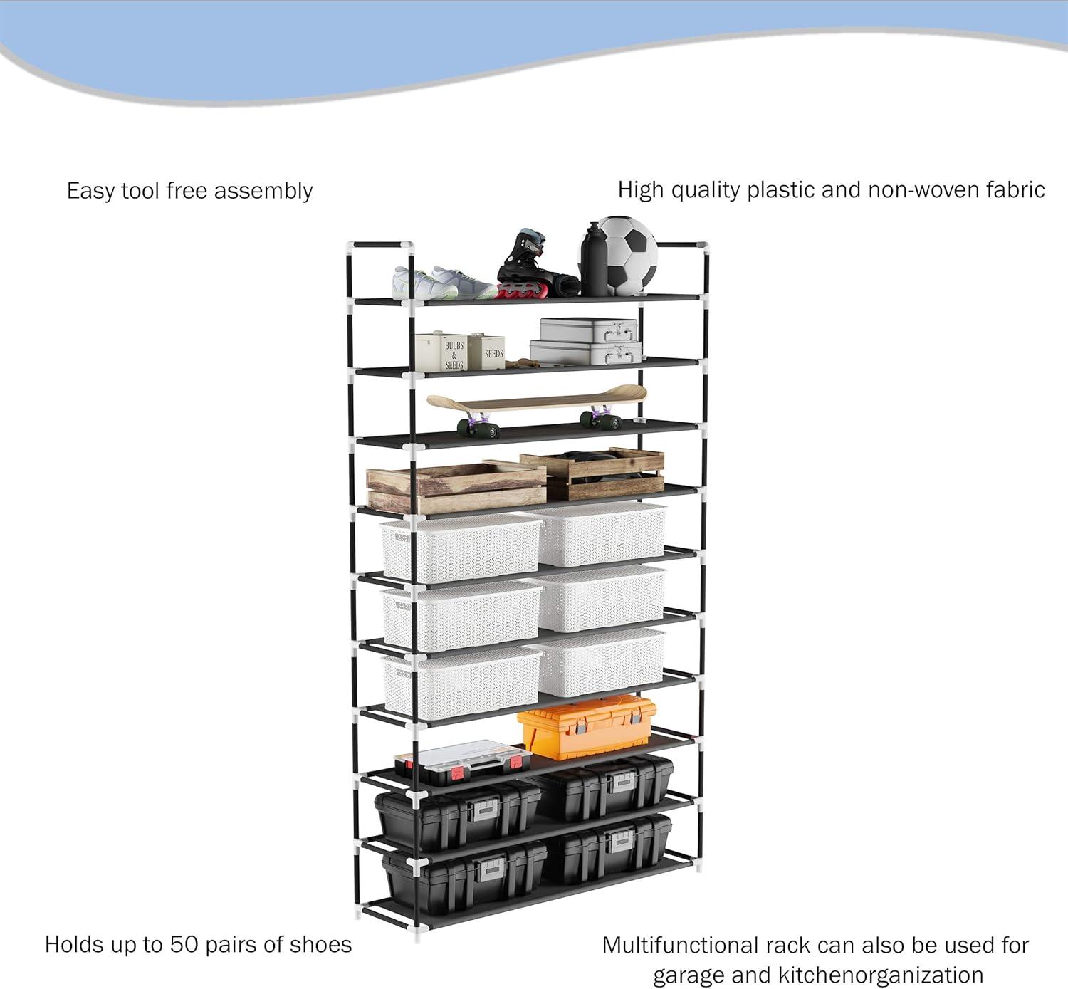 Black 10-Tier Metal and Fabric Shoe Rack