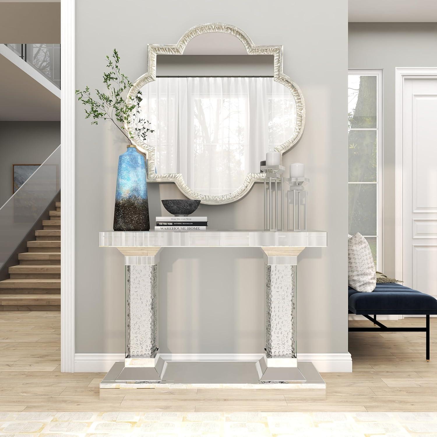 Elegant Silver Mirrored Console Table with Crystal Pillars - 54" Wide