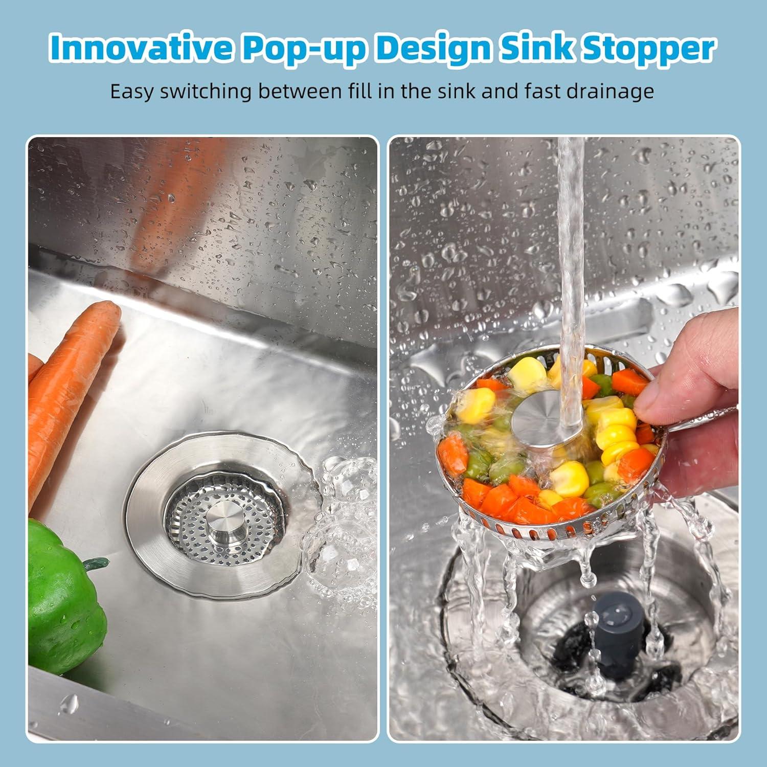 Hibbent 3-in-1 Kitchen Sink Drain Strainer  Stopper , Stainless Steel Pop-Up Design, Anti-Clogging Metal Basket with Handle, Compatible with US Standard 3-1/2" Drain