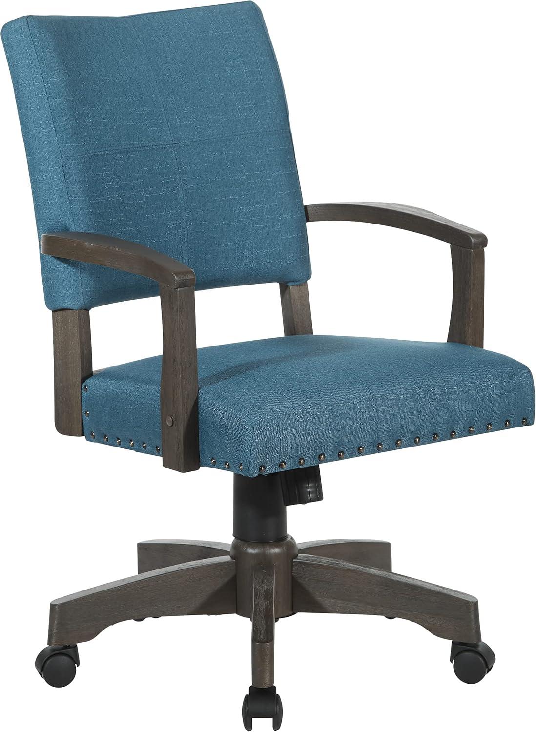 Deluxe Blue Fabric Banker's Swivel Chair with Wood Accents