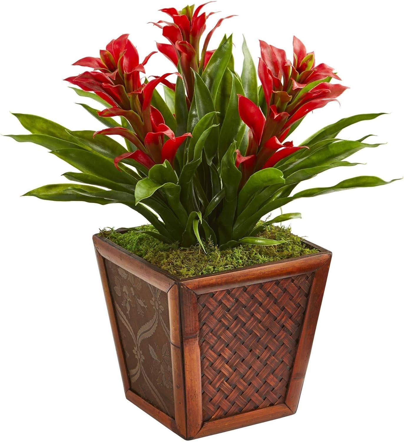 Nearly Natural Plastic 18" Red Triple Bromeliad Artificial Plant in Decorative Planter