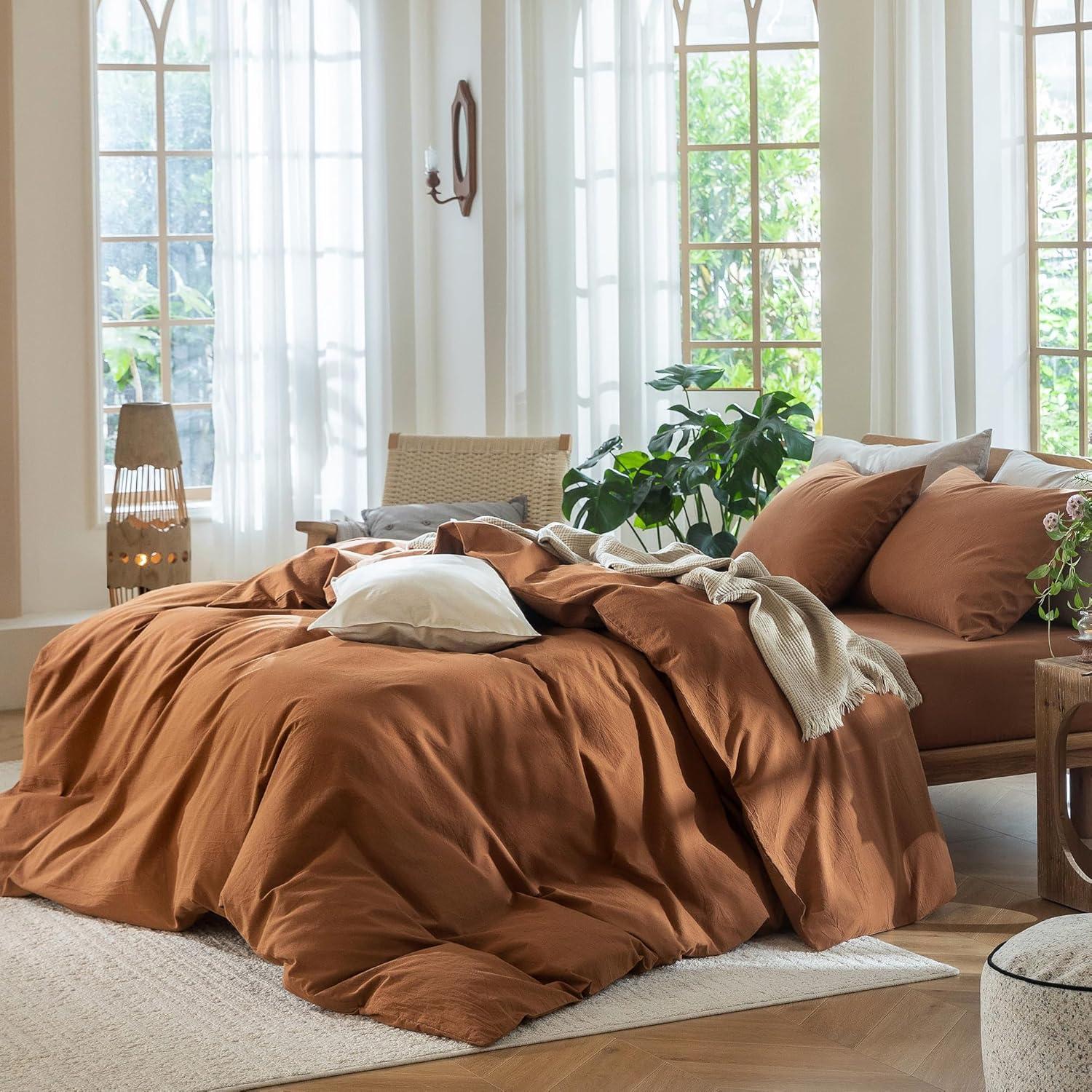 MOOMEE 100% Washed Cotton Linen Like Textured Duvet Cover Set